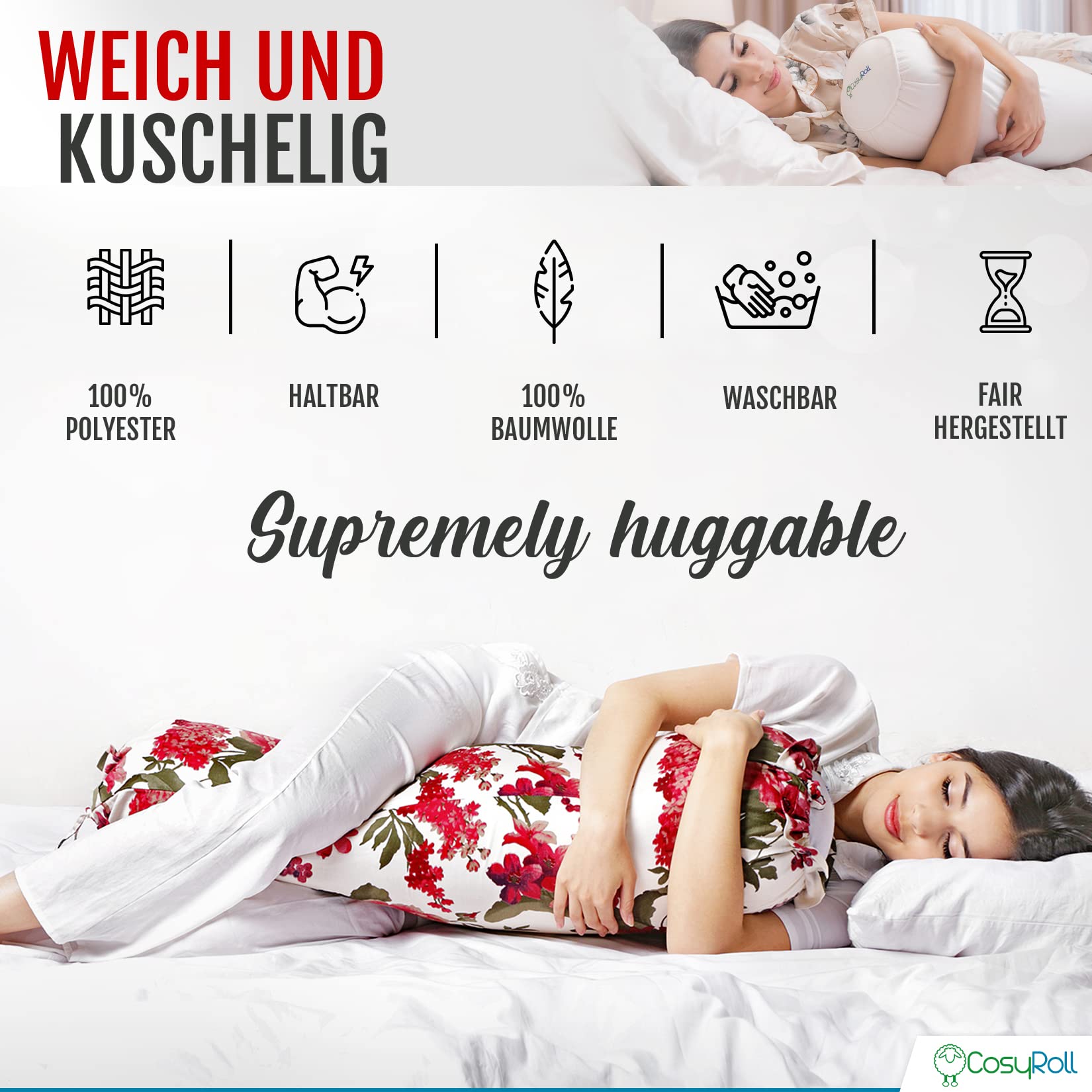 Original CosyRoll® Seitenschläferkissen & Kuschelkissen | Besser schlafen Kissen | 100% Baumwolle & Füllung aus Mikrofasern | 90cm x 30cm | Kissen mit Bezug Peony (Farbe: Pink)