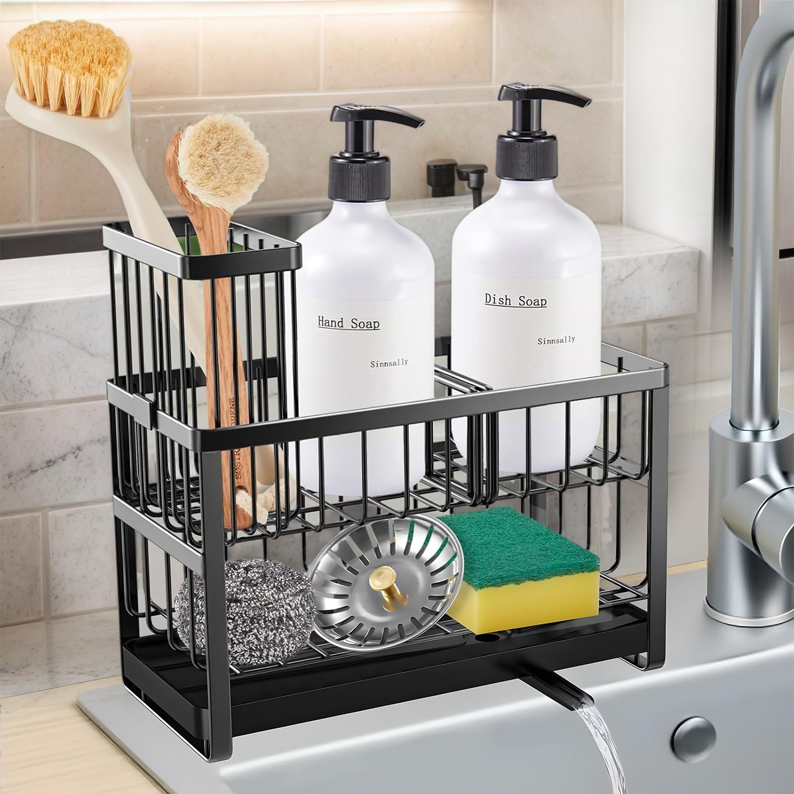 ZONJIE Sink Caddy, 2 Tier Kitchen Countertop Organizer Sponge Holder with Automatic Drain Outlet, Heavy Duty Metal Sink Tidy Caddy for Kitchen Storage & Organisation