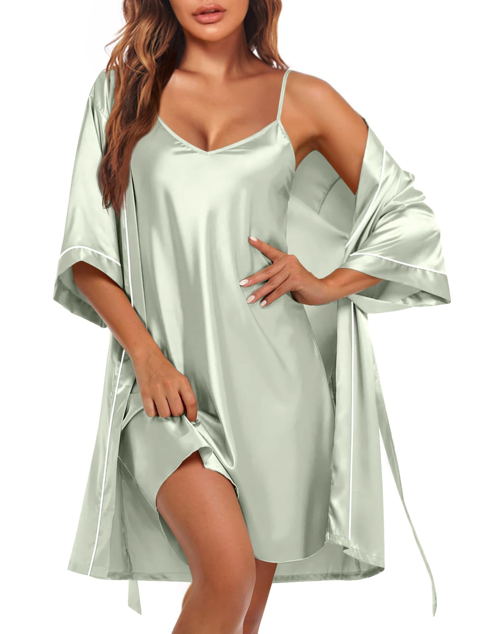 Ekouaer Womens Silk Robe Set V Neck 2 Piece Satin Bathrobes 3 4 Sleeves Bridal Sleepwear Sexy Cami