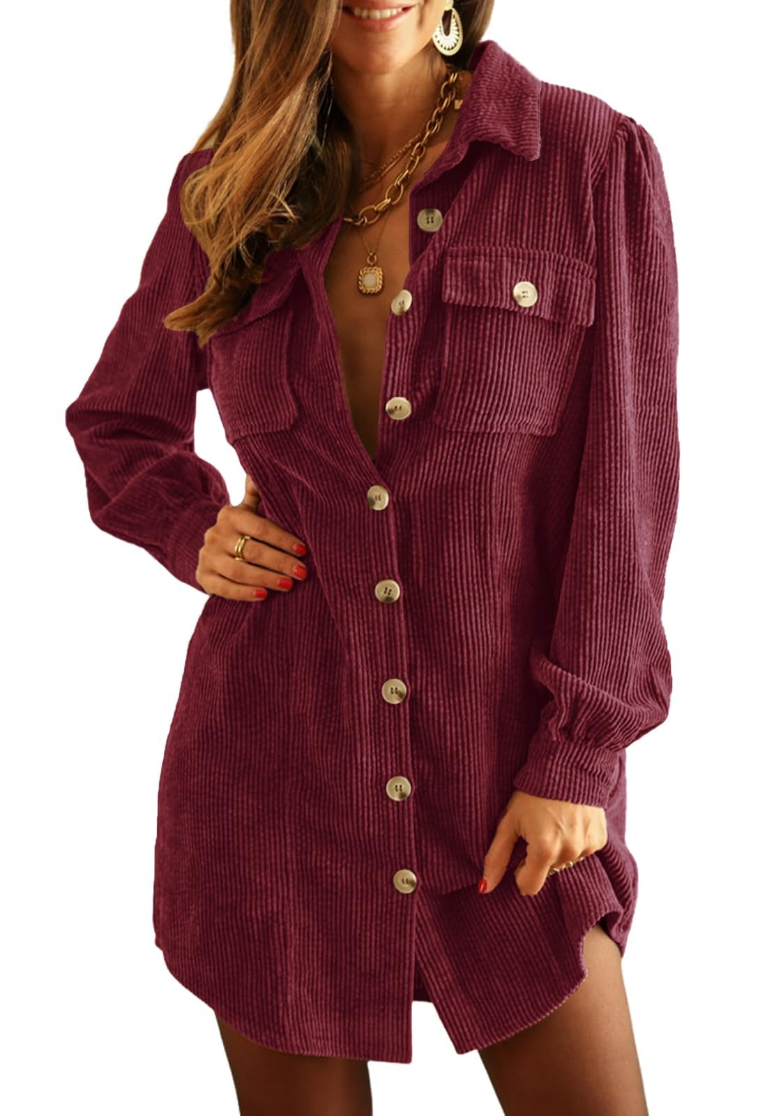 Alaster Queen Womens Corduroy Long Sleeve Short Dresses Fall Winter Button Down Work Tunic Dress with Pocket
