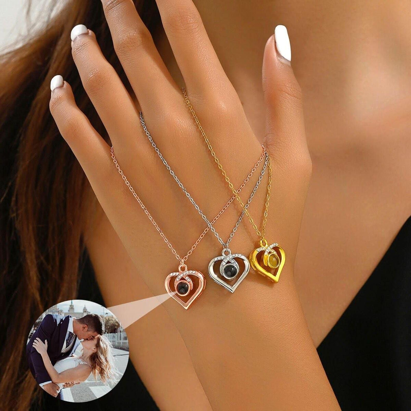 Ciondolo a cuore con foto proiettata personalizzata, collana ricordo per coppia