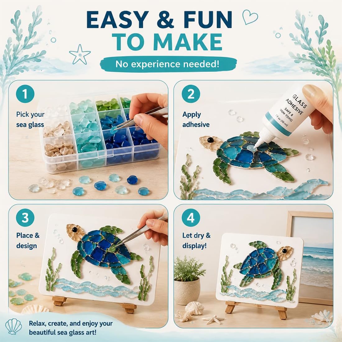 ELMVAR DIY-Set für Meerglas-Mosaikkunst, Set mit Meeresschildkröten-Motiv, Bastelset im Ozean-Design mit bunten Glasstücken (SetＡ)
