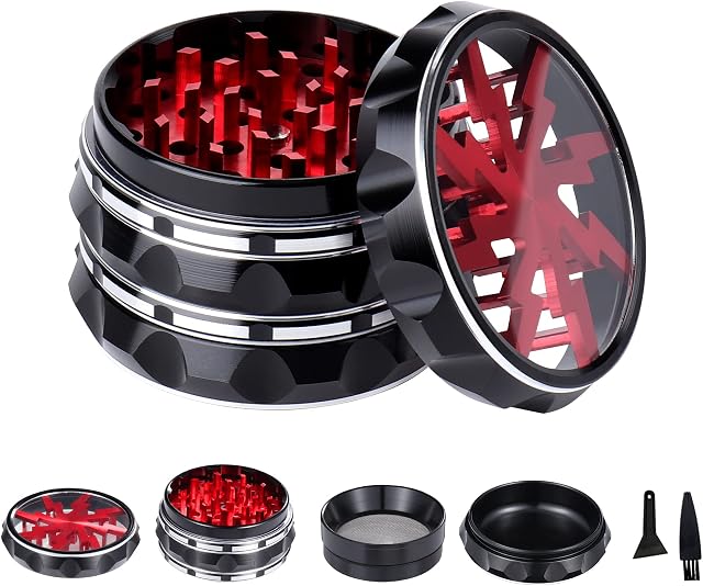 TIRIRS 2.5" 4 Pieces Clear Top Herb Grinder - Aluminium Spice Grinder with Pollen Scraper and Cleaning Brush - Black and Red.