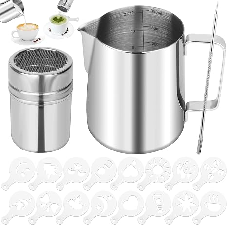 Amazon.com: Taza espumadora de leche, jarra de espuma de leche de acero  inoxidable de 11.8 fl oz para espumar leche al vapor de espuma con  coctelera en polvo, plantilla de café y