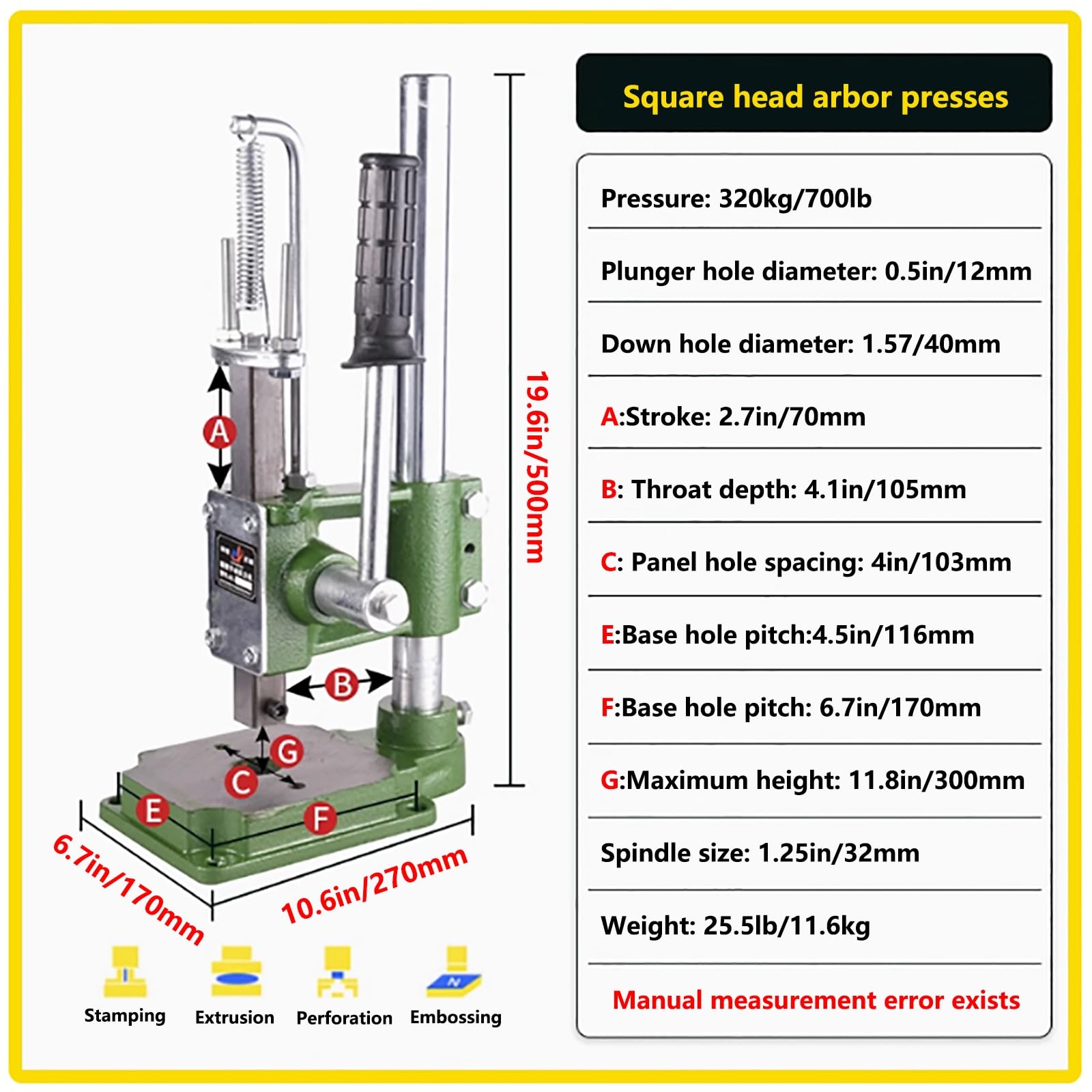 Hochleistungs-Manuell-Dornpresse, Presskupfer-Schneide- und Nähpressen, Leder-Stanzmaschine for DIY-Lederhandwerk-Lochstanzen(Square Head 320kg/700lb)