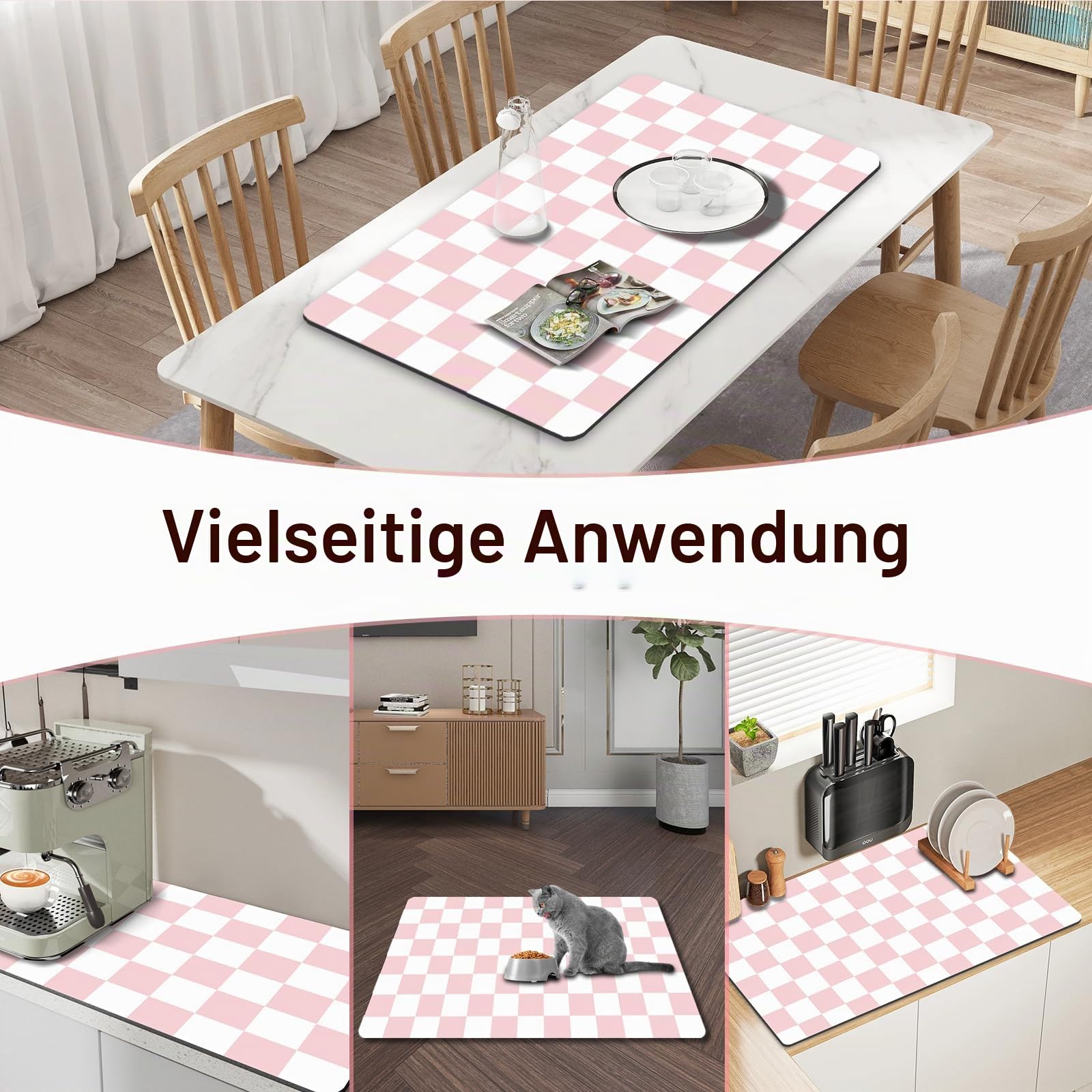 Trocknungsmatte für die Küche, 40 x 45CM Kaffee Bar Matten für Arbeitsplatte Fit Unter Kaffeemaschine, Verstecken Fleck Gummi Backed Espresso Maschine Saugfähige Trocknungsunterlage, Rosa & Weiß