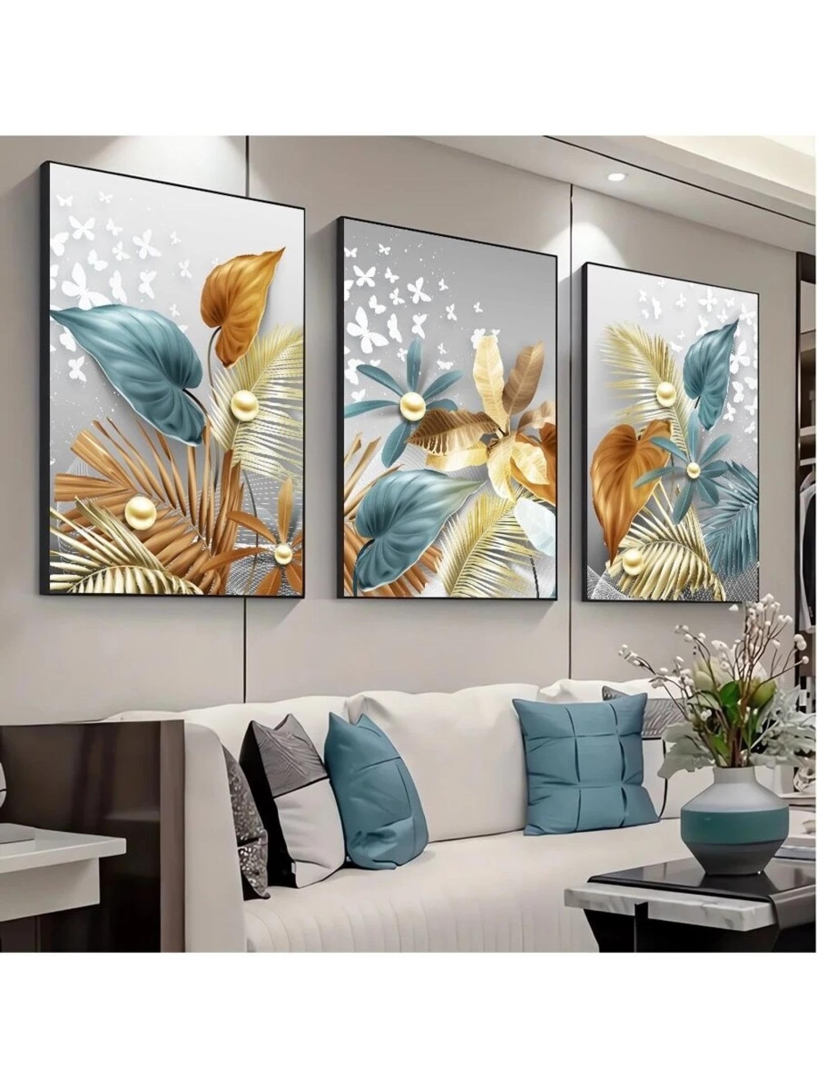 lianyibo 3 szt. złote liście motyl tropikalna roślina abstrakcyjna płótno malarstwo liść palmowy plakat nowoczesny druk obraz ścienny 20 x 30 cm x 3 rama