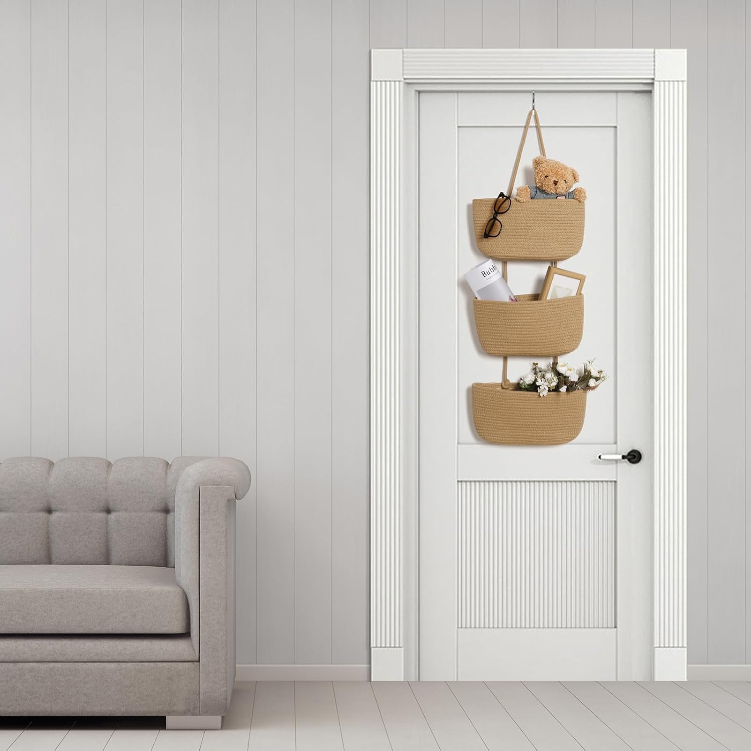 ANTIS'S HOME Over The Door Organizer Hanging Basket, 3-Tier Woven Cotton Wall-Mounted Nursery Storage Organizer Bag Boho Decorative Hanging Nursery Baskets for Living Room Bedroom - Honey