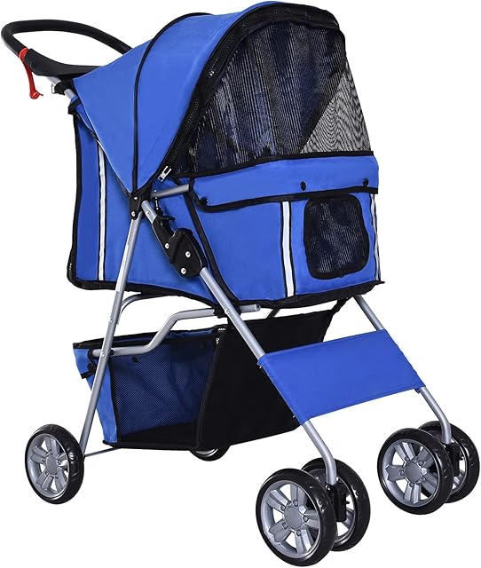 PawHut Pet Stroller for Small Dogs Cats Foldable Travel Carriage with Wheels Zipper Entry Cup Holder Storage Basket Blue