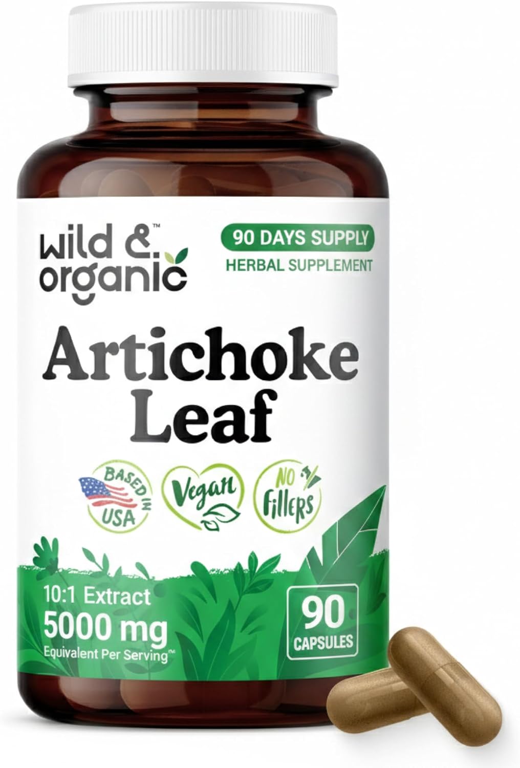 Wild & Organic Artichoke Extract Capsules 500 mg - Liver & Digestive Support - Artichoke Leaf Extract Supplement - Cynara Scolymus Leaf Powder - Vegan, No Fillers, Non-GMO - 90 Count