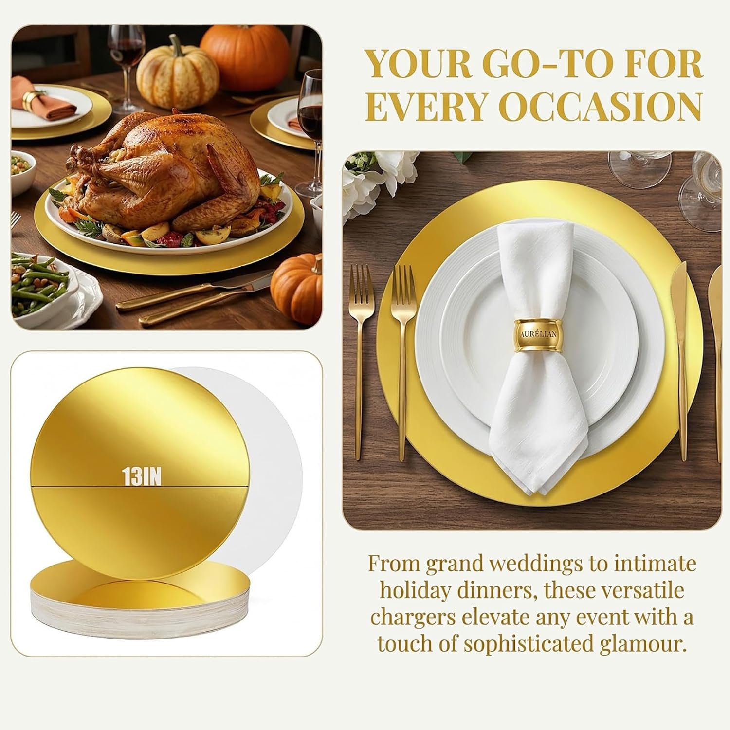 Cedilis 100PCS Disposable Gold Paper Charger Plate, 13" Round Gold Placemats for for Elegant Table Decor, Perfect for Weddings, Holiday Parties, Receptions