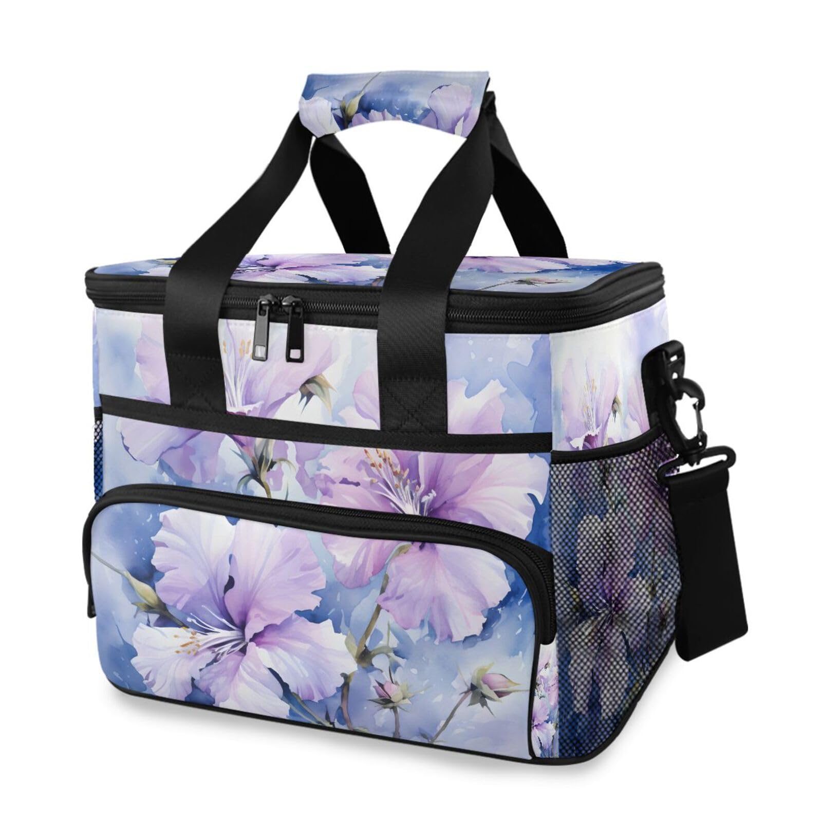 Bolsa térmica grande con estampado de flores moradas con diseño de teñido anudado, bolsa térmica impermeable de 15 litros, 24 latas, para adultos, hombres y mujeres