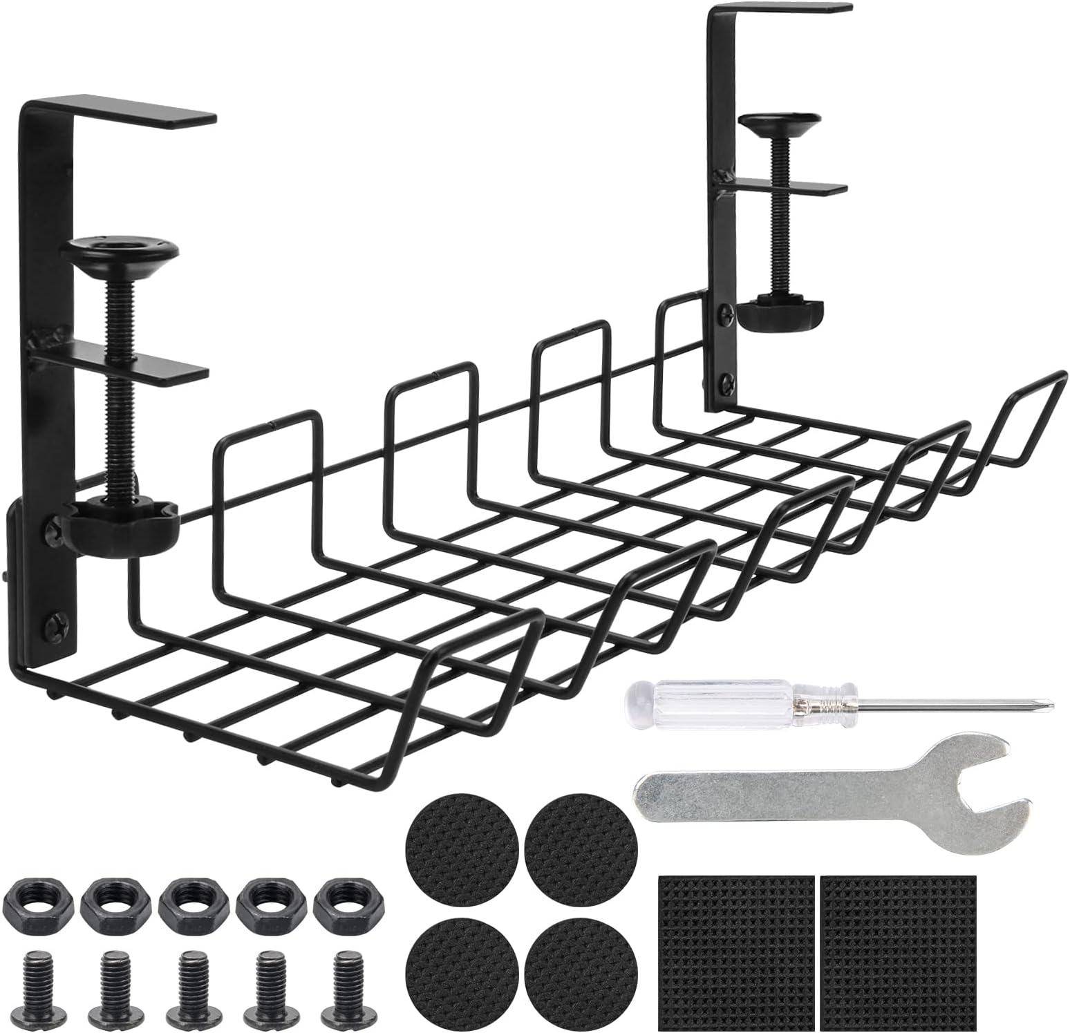 ZhaoyaoUnder Desk Cable Management Tray, No-Drill Metal Cable Management Basket 38cm, Black, With 6pcs Anti-slip Mat, 1 PCS Small Wrench, 1 PCS Small Cross Screwdriver
