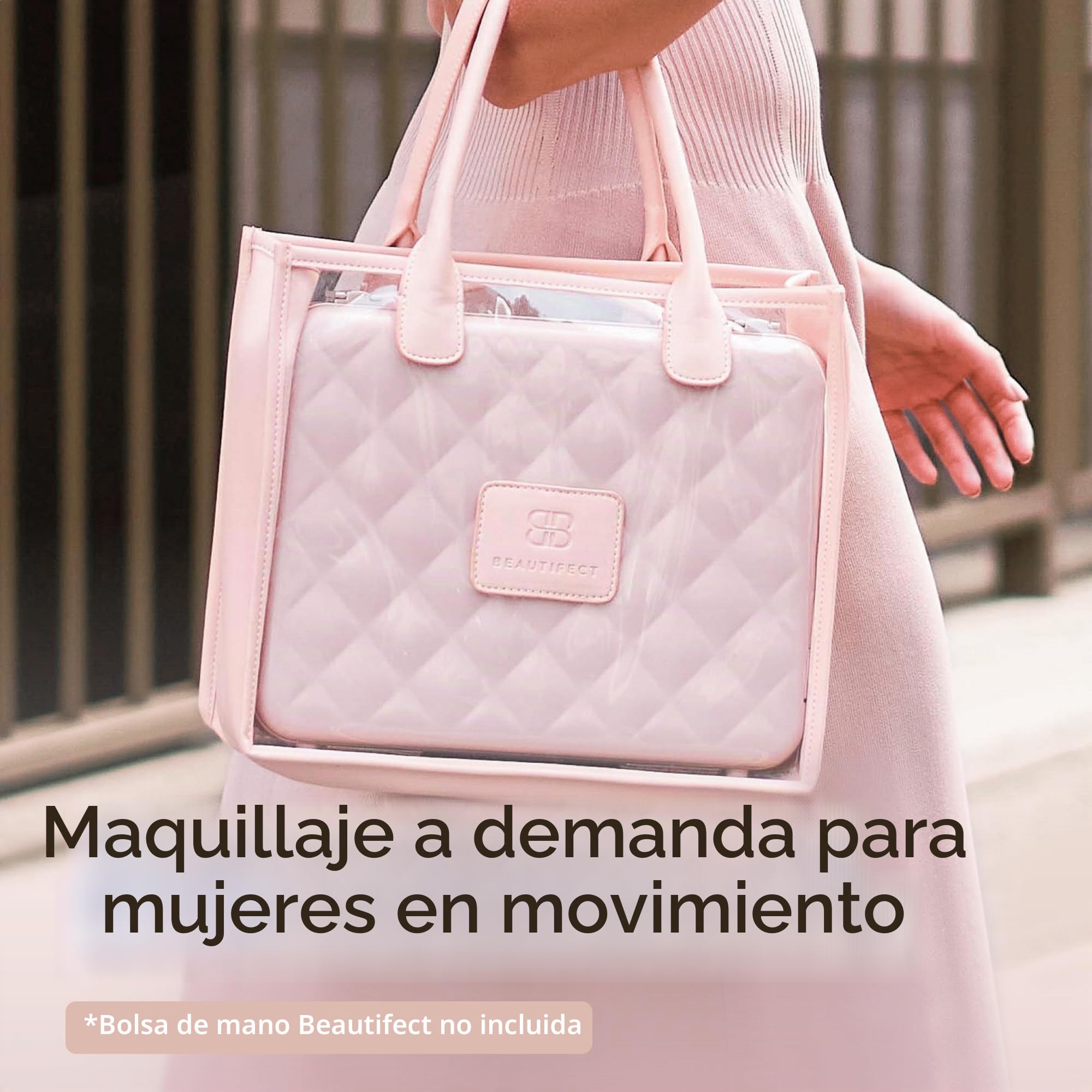 Beautifect Box Nude - Bolsa de maquillaje grande con espejo con luz LED - Neceser metálico acolchado para cosméticos para mujer - Organizador de artículos de tocador y maquillaje con compartimentos y