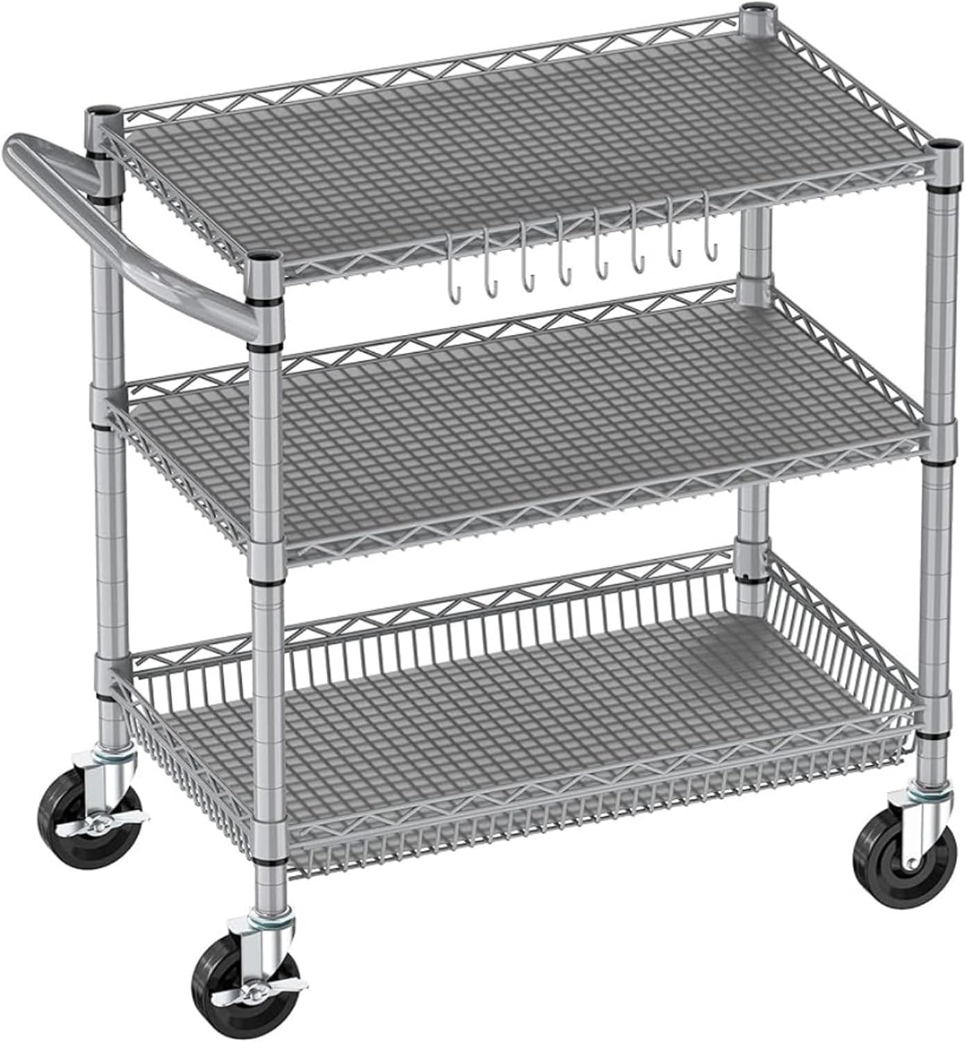 Storage Trolley Wheeled Kitchen Island Cart Adjustable Shelves Metal Storage with Handle and Shelf Lining Shelving Organizer