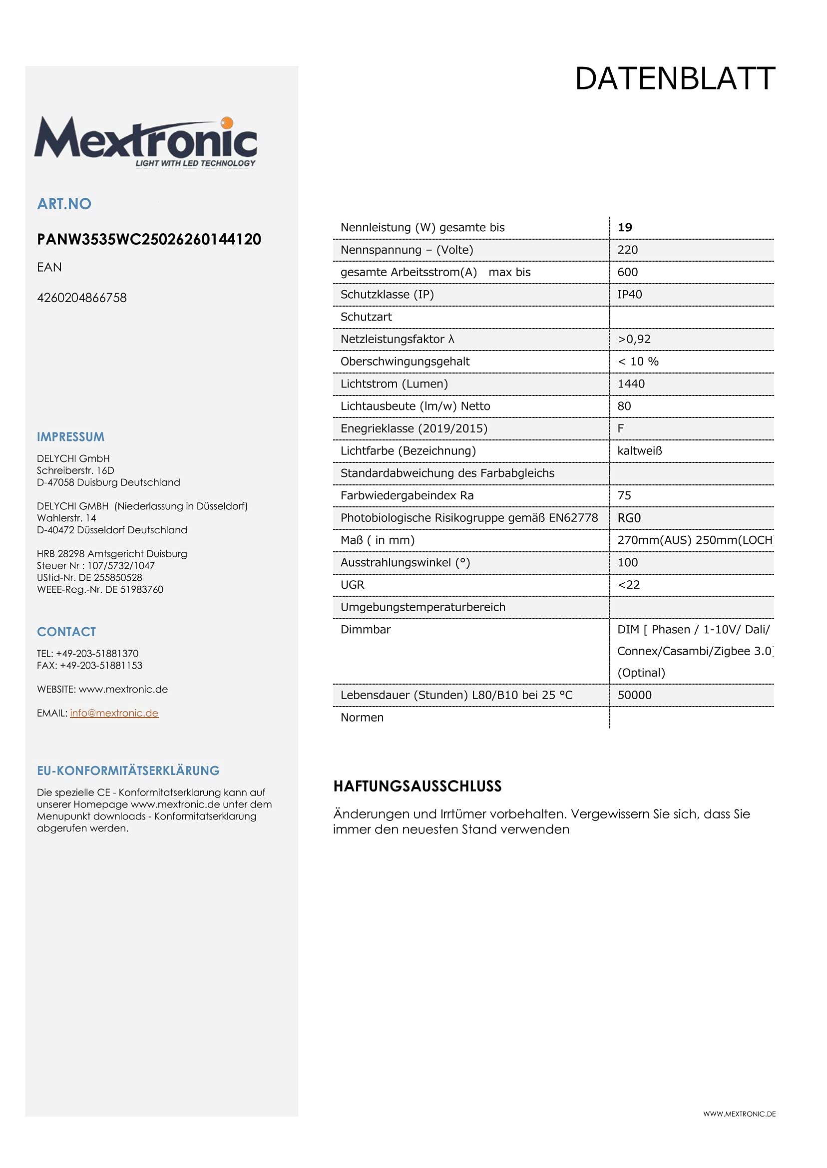 Mextronic LED Einbaupanel rund kaltweiß 1440LM 19W (W) Ø 250mm