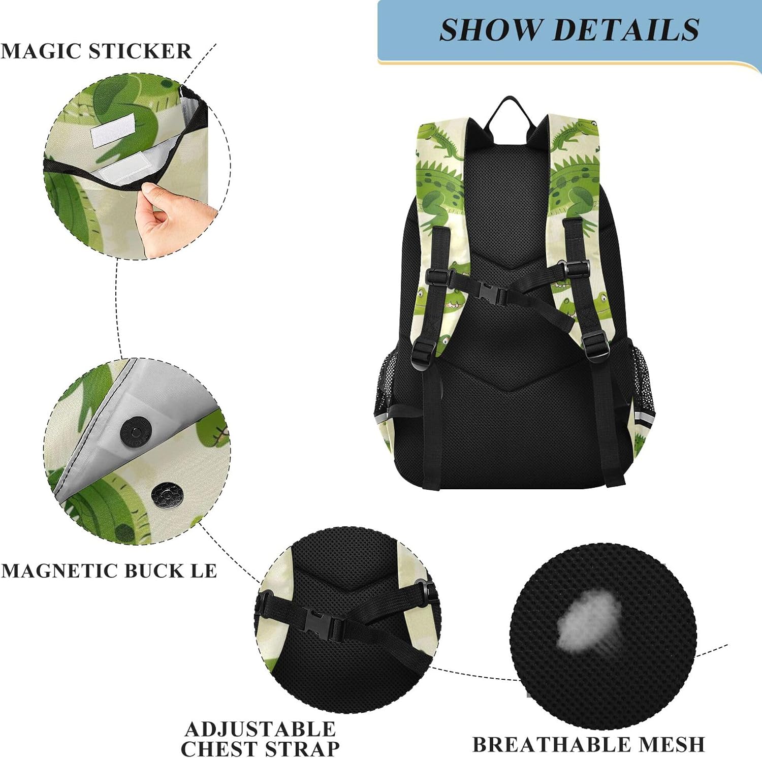 Alligators Green Crocodile School Backpack Laptop Travel Backpack for Kids Girls Boys, Computer Notebooks Bookbag with Reflective Stripes