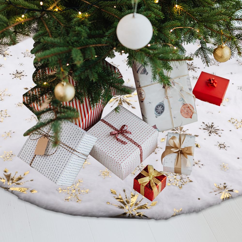 Inodiref Weihnachtsbaum Decke 90cm Weihnachtsbaumdecke Rund Weiß Plüsch Tannenbaum Decke mit Goldene Schneeflocken für Weihnachtsbaum Deko Frohe Weihnachten Party Decke Küche, Haushalt & Wohnen