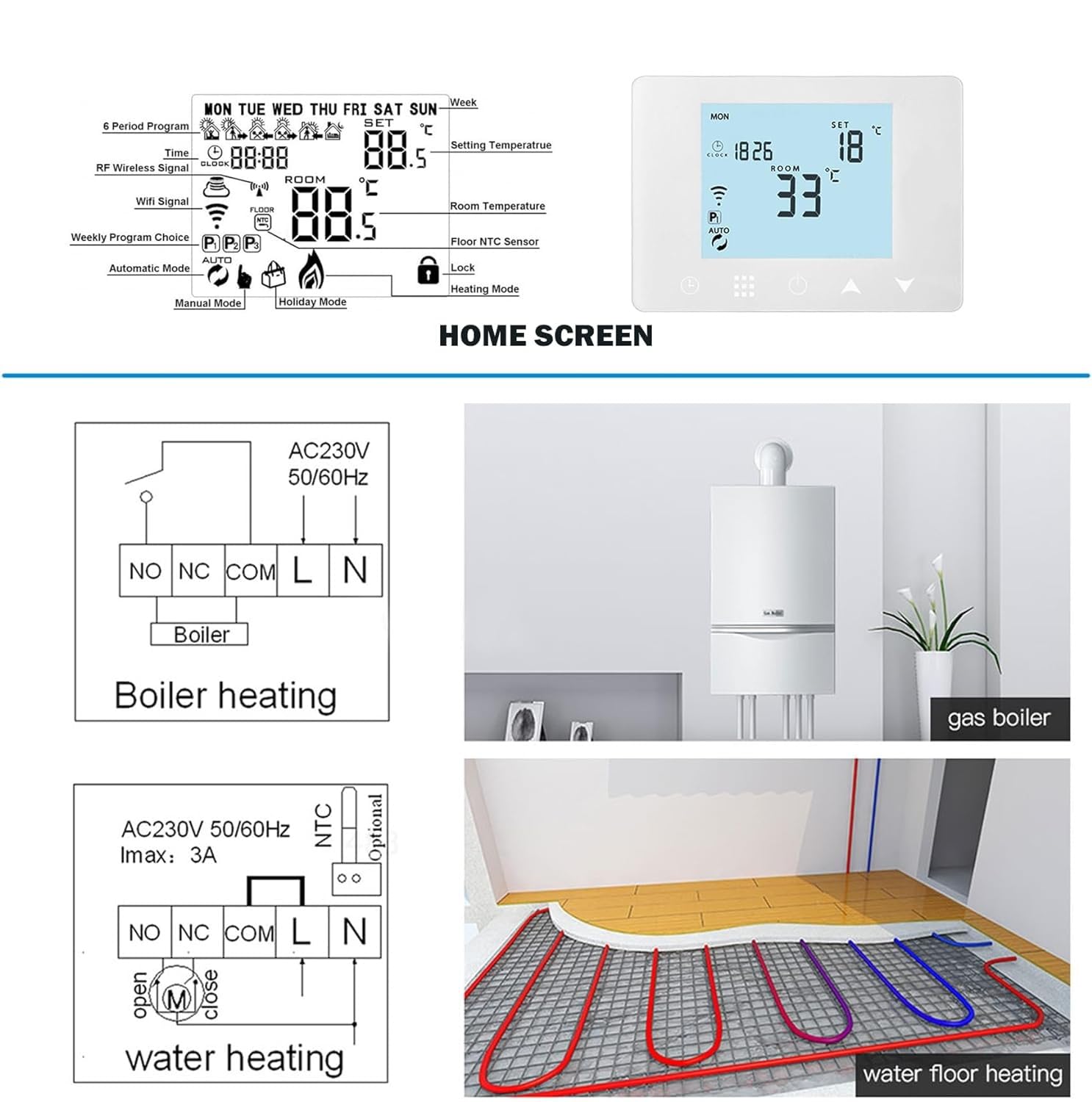 Cronotermostato Termostato WiFi per caldaia gas/acqua, Termostato Smart da Parete Intelligente compatibile con Alexa e Google, Funzione Programmabile