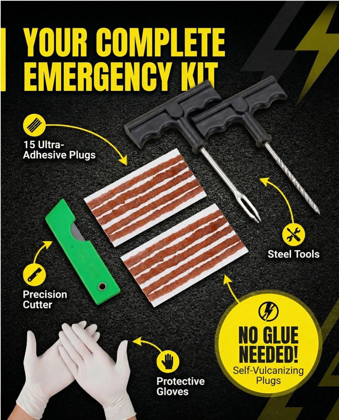 Tire Repair kit, Fix in 15 min, Valid for All Types of Tires, Composed of 15 Strips, 1 Spiral T-Tool, 1 Insertion T-Tool, 2 Gloves and Cutter