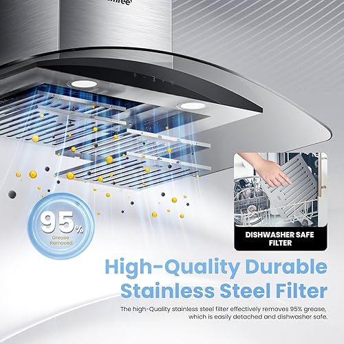 Miniatura 6 de Comfee - Campana extractora de vidrio curvada de 36 pulgadas, 450 CFM, 3 velocidades de detección de gestos y panel de control táctil, de acero