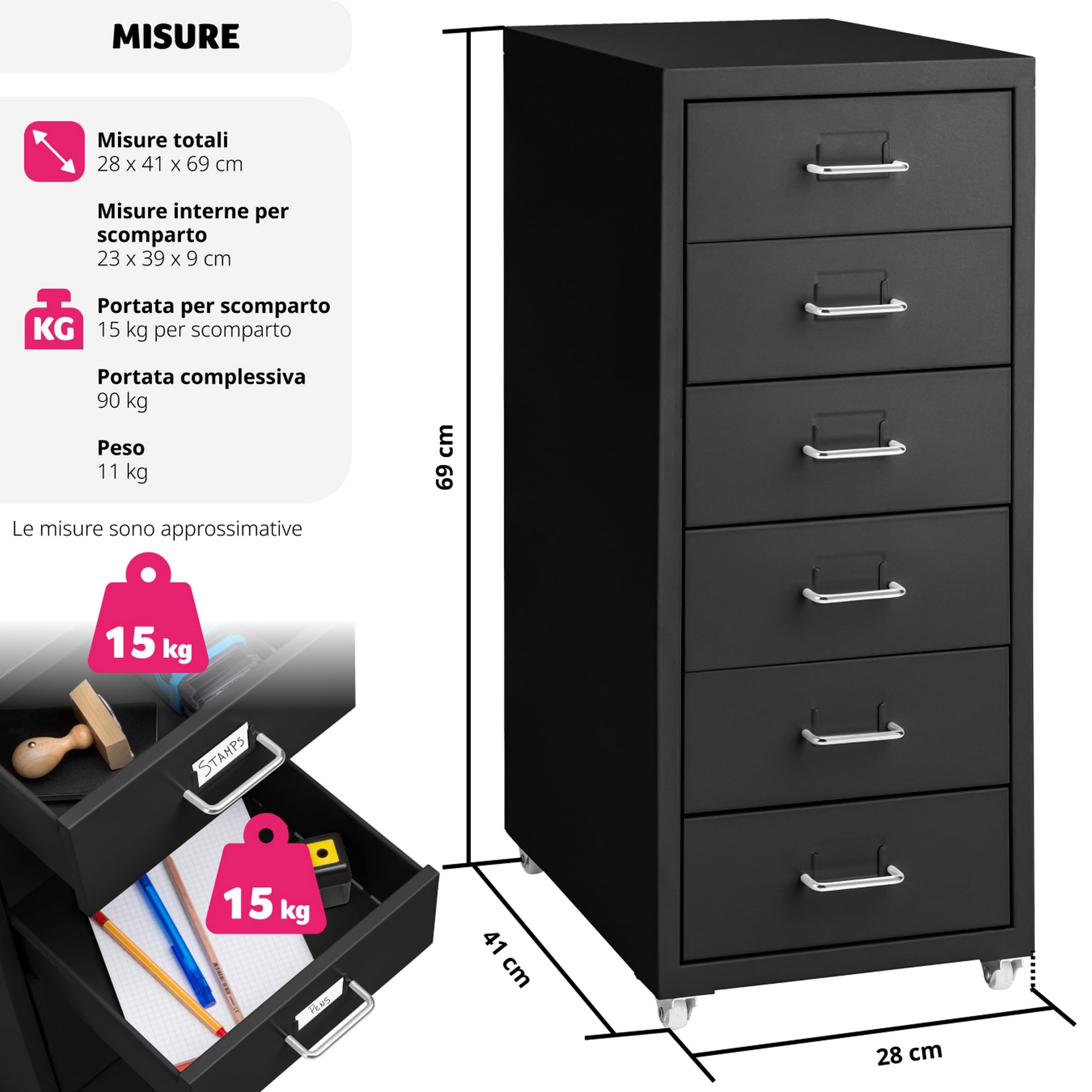 tectake® Cassettiera A Rotelle In Metallo, Schedario Uffici, Mobiletto Ufficio 6 Cassetti, Raccoglitore Documenti, Cassettiera Ufficio Porta Documenti in Acciaio 41 X 28 X 69 cm - Nero