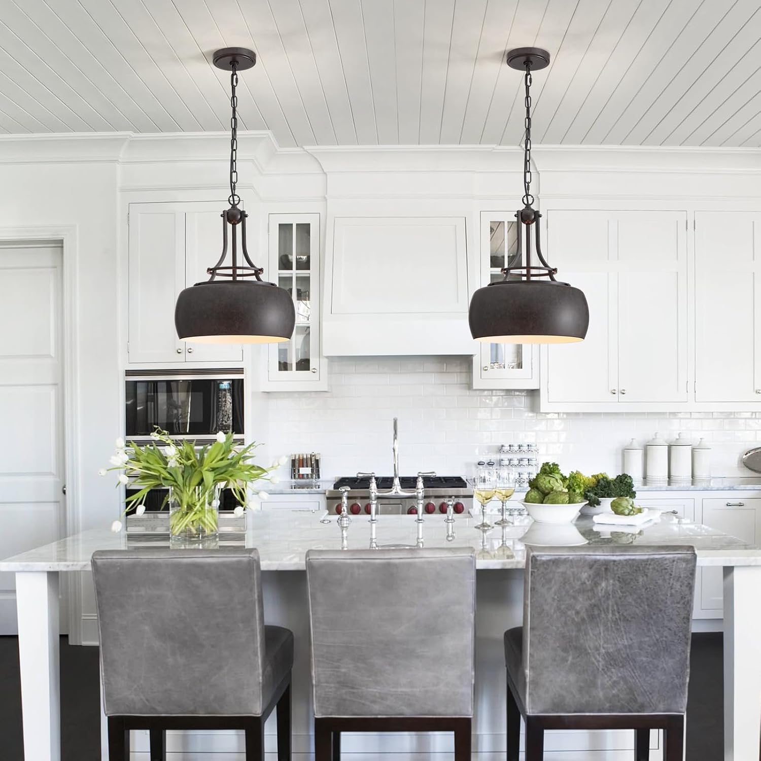 WUZUPS Chandelier Rustic Farmhouse Industrial Round Ceiling Pendant LED Light Fixture with Open Bottom Drum Shade, H 15.7" x W 13.4", Distressed Rust