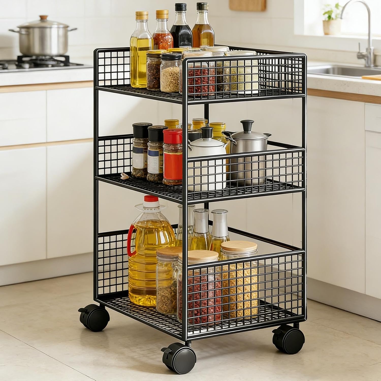 3 Tier Rolling Cart, Storage Trolley Cart, Metal Utility Storage Carts with Wheels, Rolling Utility Carts, Space-Saving Mobile Shelving Organizer for Kitchen, Bathroom, Office, Bedroom, Narrow Space
