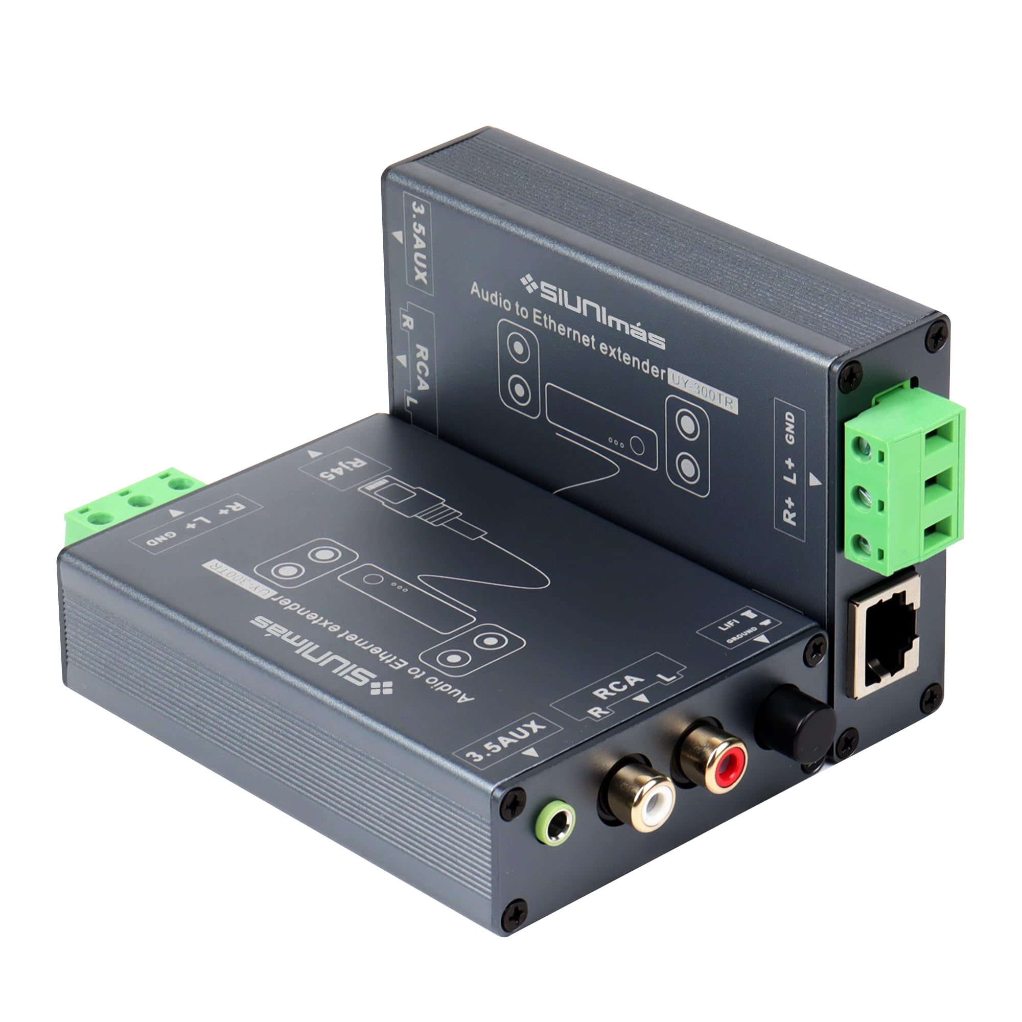 Un paio di connettori di rete RJ45 a RCA AUX stereo a lunga distanza in lega di alluminio resistente con isolatori audio integrati, supporto GND Lift collegamento su Cat5/Cat6, ecc