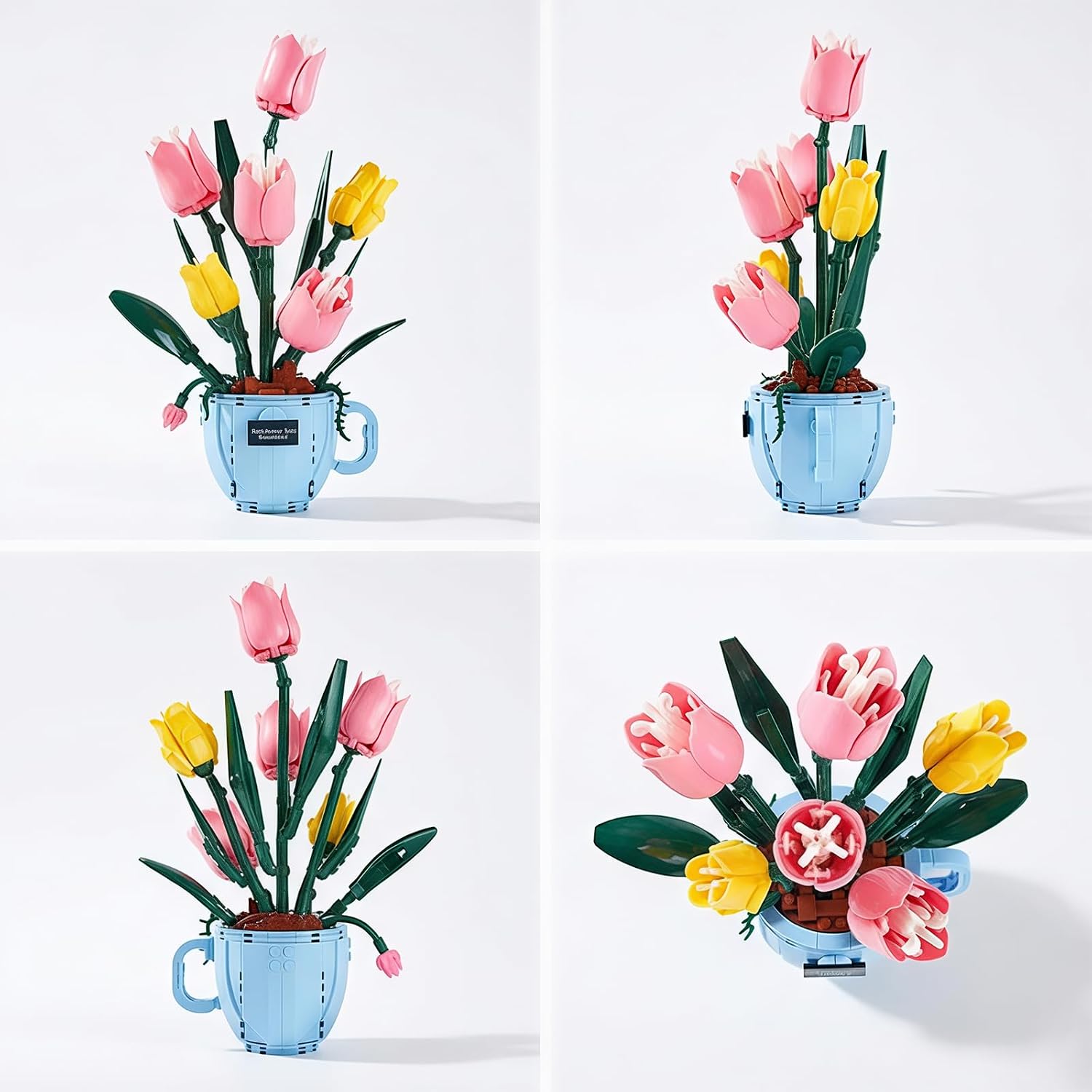 HJPLPXH Tulip Flower Building Blocks Set with LED Light in Teacup Vase, Pink & Yellow Artificial Flowers Building Set in Blue Cup, Table Centerpiece Gift for Girlfriend, Valentine's Day, Mother's Day