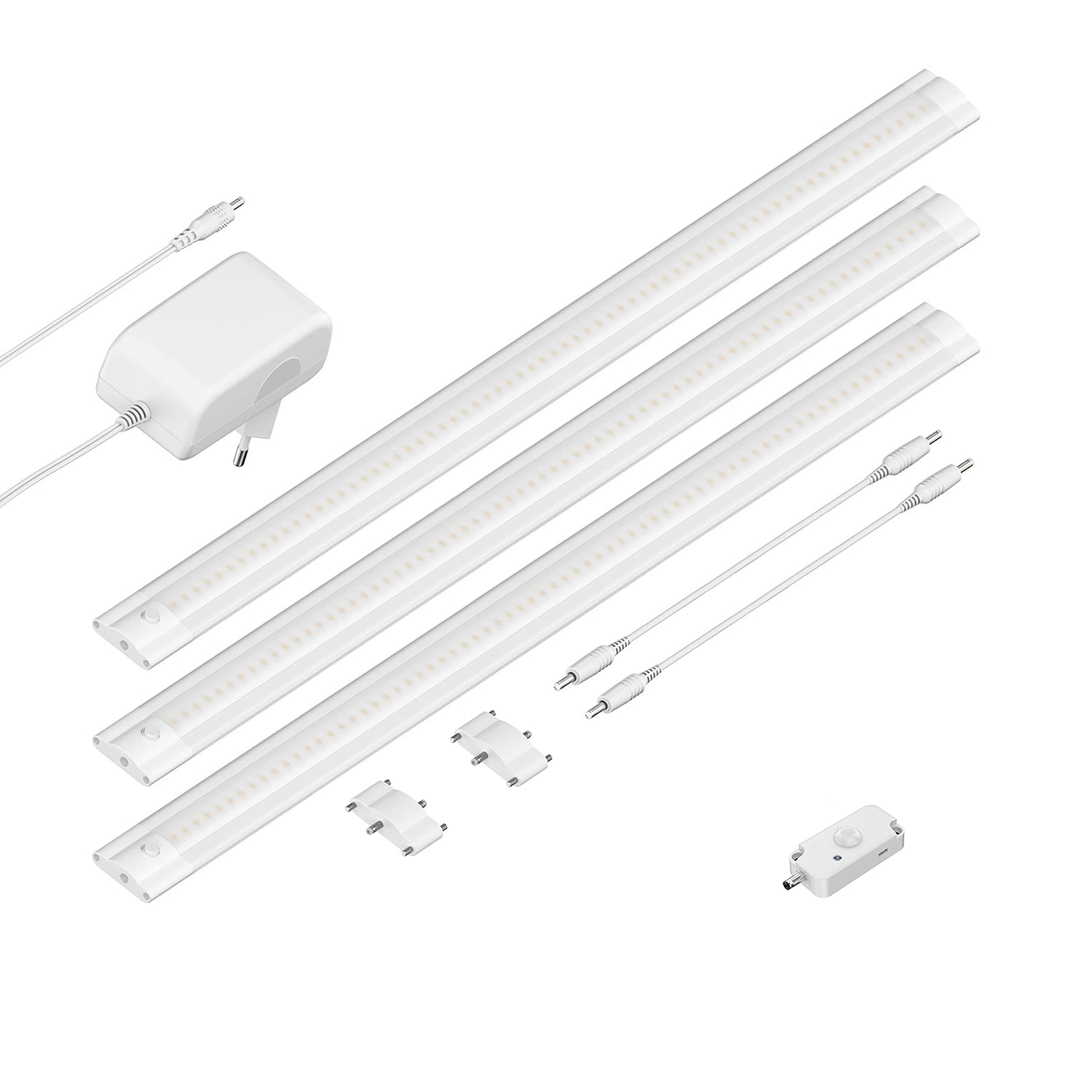 ledscom.de LED Unterbau-Leuchte SIRIS weiß matt mit Bewegungsmelder, flach, je 50cm, je 531lm, warm-weiß, 3er Set