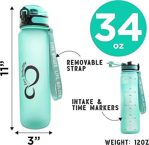 Miniatura 4 de Live Infinitely - Botella de agua de 34 onzas sin BPA con marcador de tiempo, filtro de infusión de frutas y bola agitadora de mezcla, tapa con