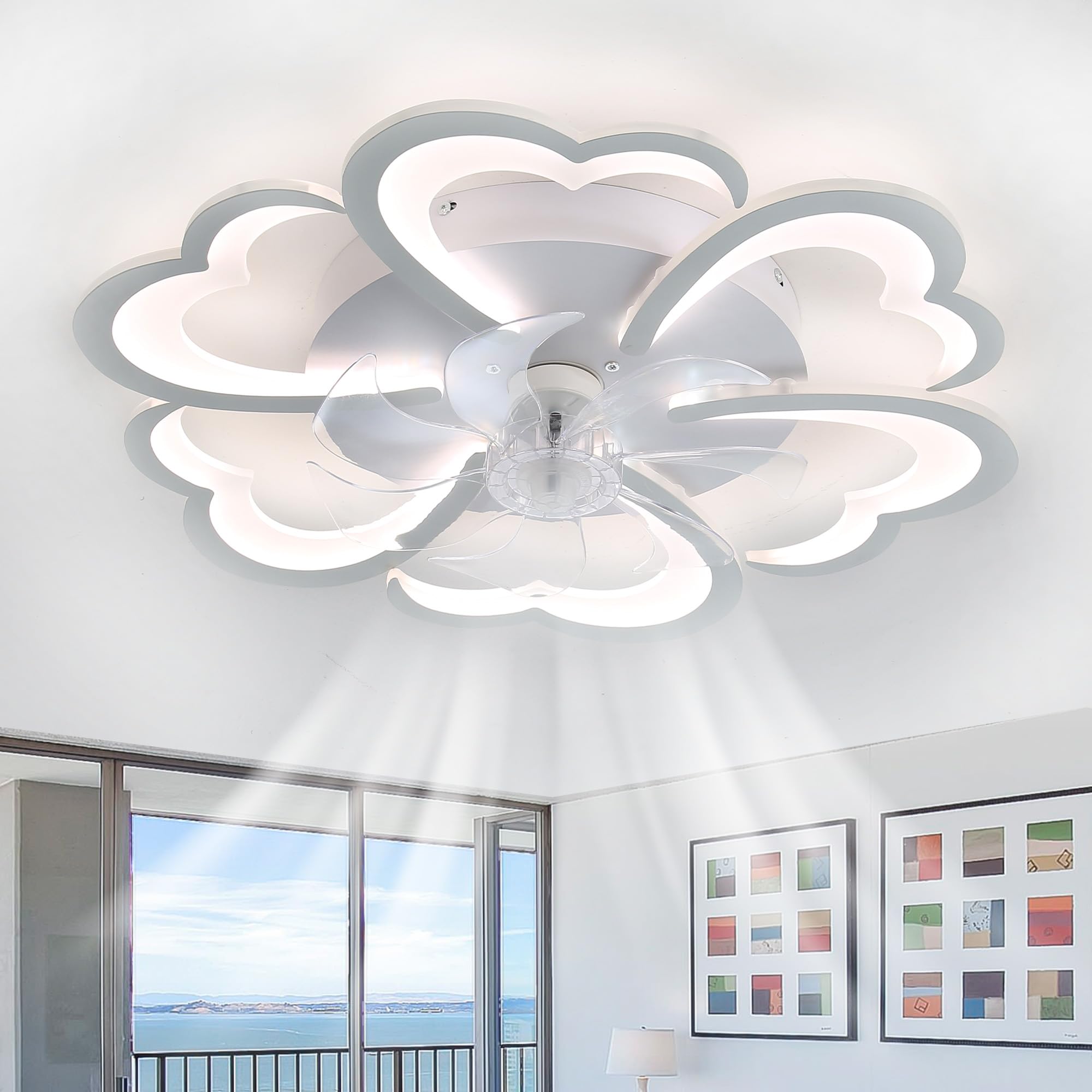 lnrosy LED Ceiling Fans with Lights and Remote Floral Mute DC Fan Light Ceiling 6-Speed Dimmable Timer Memory Function Light Bulb Fan 6800 Lumens 68cm Bedroom Lounge