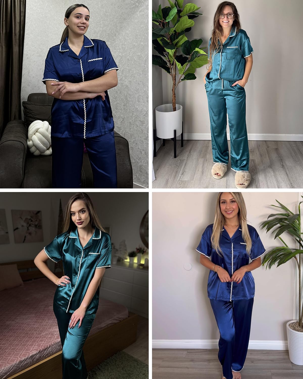 Ekouaer Silk Pajamas for Women Set Satin Two Piece Pjs Sets Ric Rac Trim Contrast Loungewear - Image 6