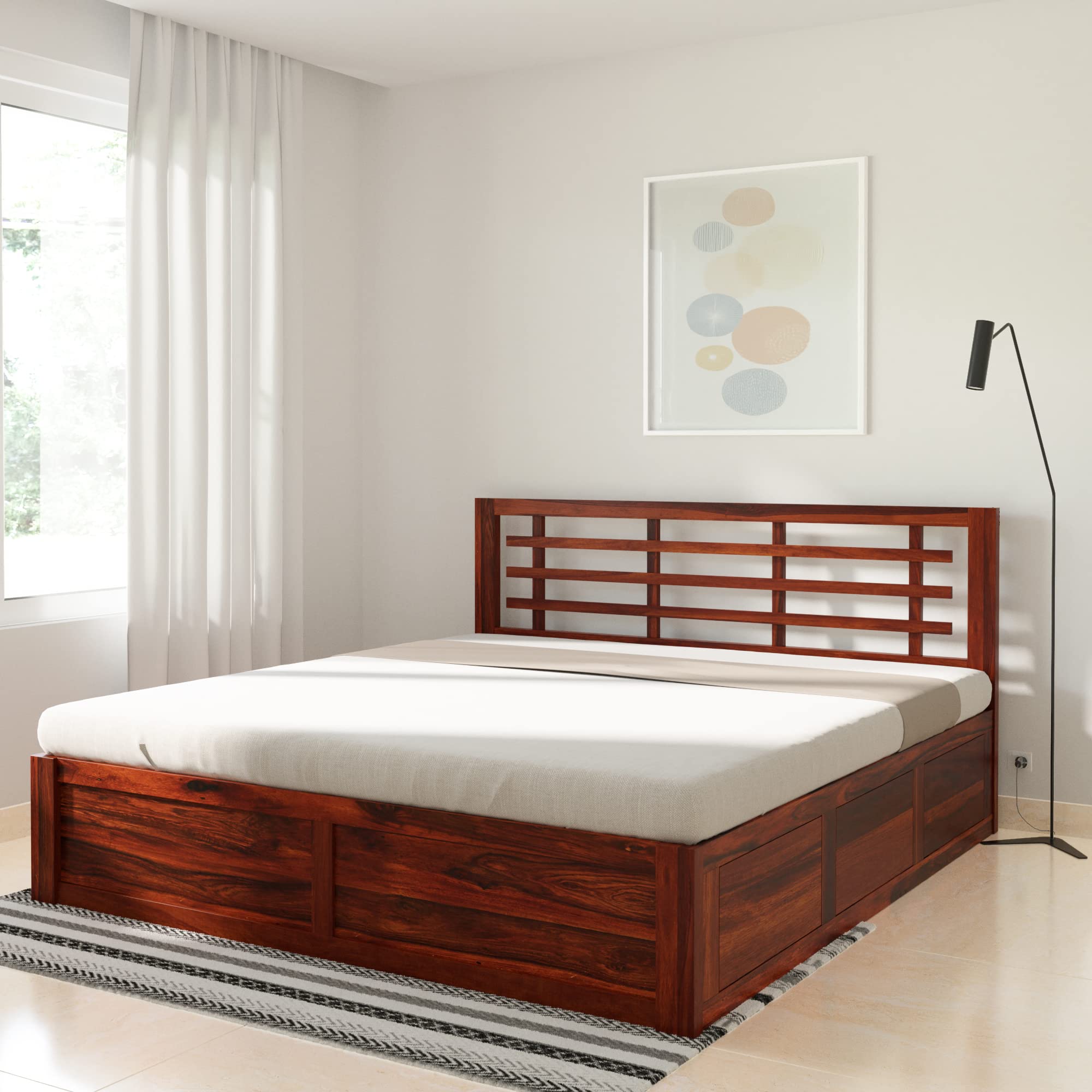 Amazon Brand - Solimo Meliora King Size Solid Sheesham Wood Bed with Box Storage (Honey Finish)