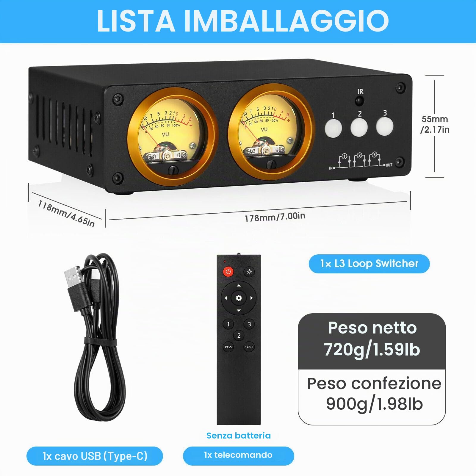 Douk Audio L3 3 Canale Loop Switcher Audio Selektor Box Dual VU Meter Splitter with IR Remote