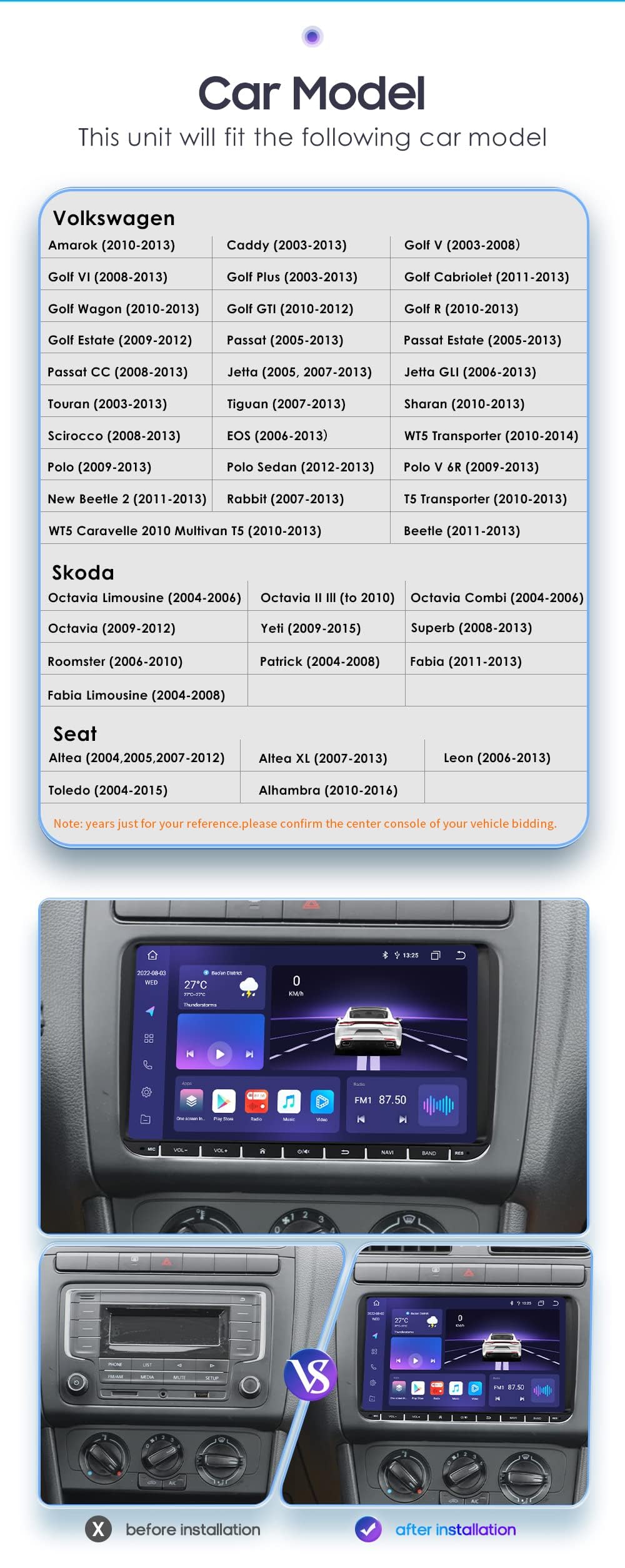 Android 13 Car Radio 9 Pulgadas Toque Touchsen 8 núcleos para VW Golf 5/6 T5 Touran Polo Sharan Passat Tiguan Asiento WiFi CarPlay/Android Car Bluetooth 4G LTE RDS SWC DSP (4GB+32GB)