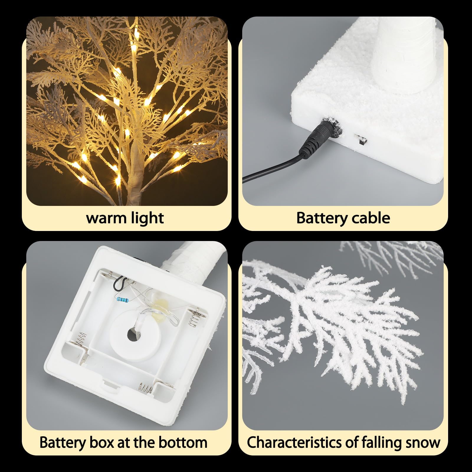 Lot de 2 sapins de Noël de table avec lumières DEL de 61 cm – Mini sapins floqués de neige blancs artificiels éclairés par piles – Décoration USB pour table d'intérieur, cheminée, décoration