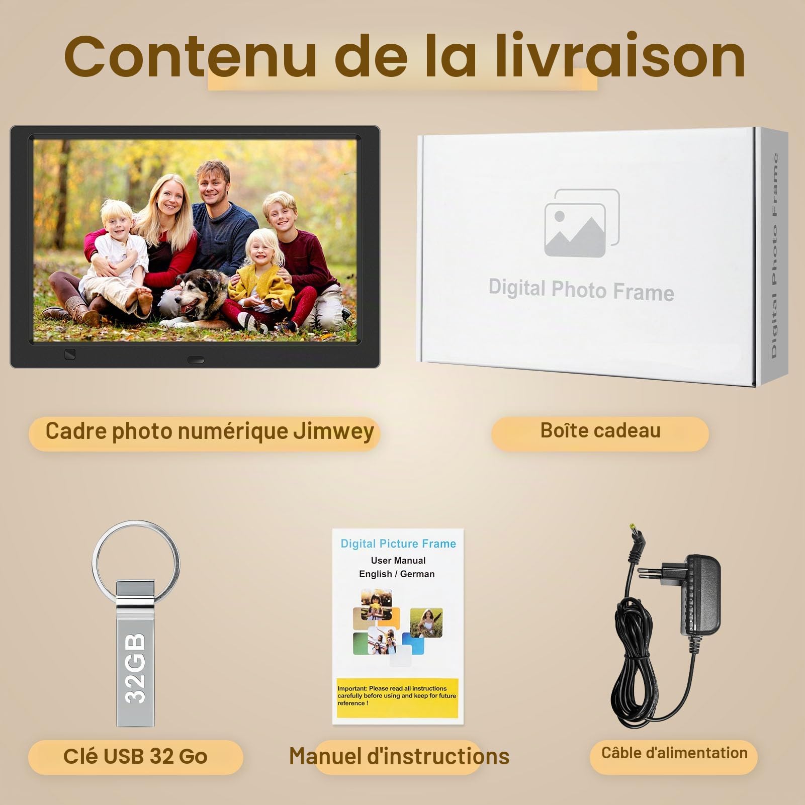 Cadre photo numérique électronique sans Wi-Fi, écran IPS de 10,1 ", avec clé USB de 32 Go et détecteur de mouvement, calendrier, minuterie, photo, vidéo, lecteur de musique, montage mural