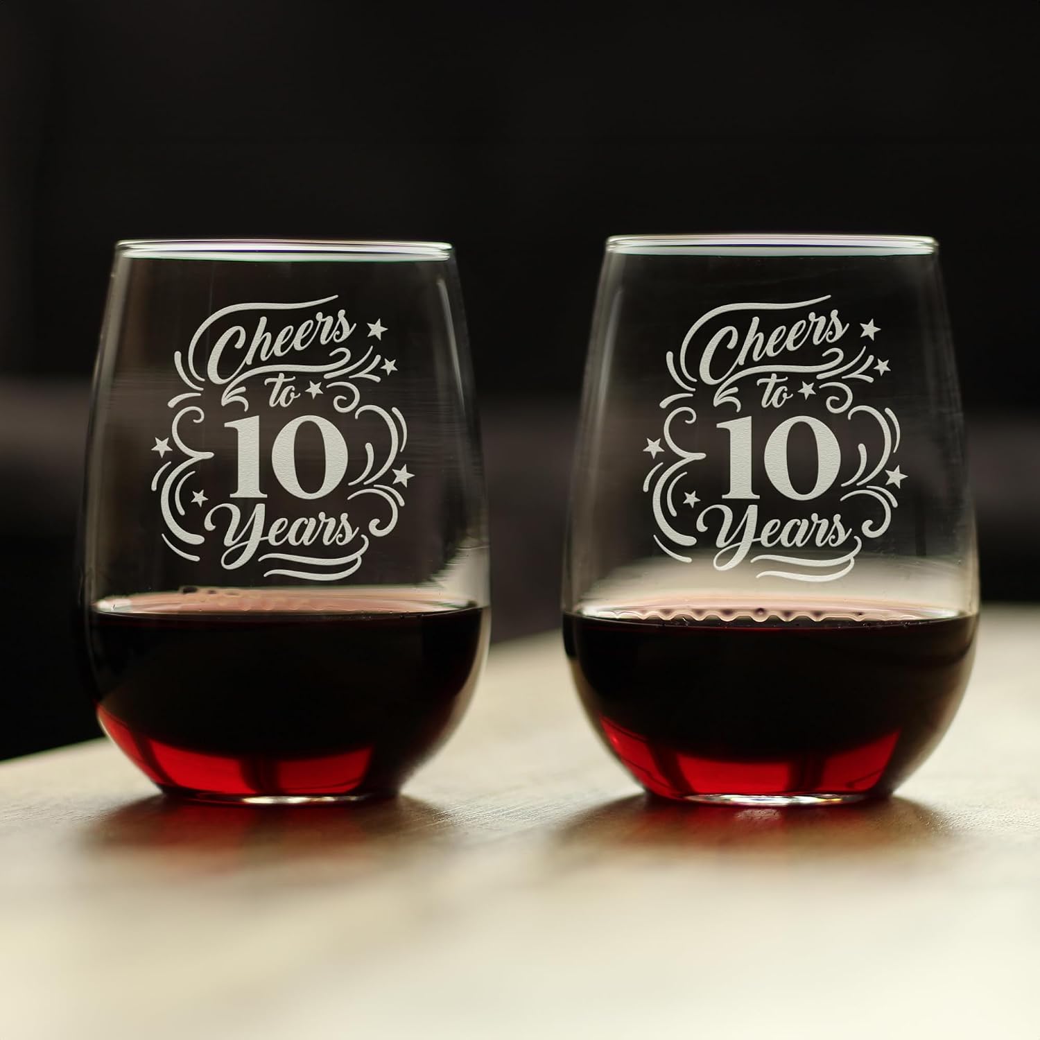 Bevvee Cheers to 10 Years - Stemless Wine Glass Gifts for Women & Men - 10th Anniversary Party Decor - Set of 2 - Large 17 Oz Glass