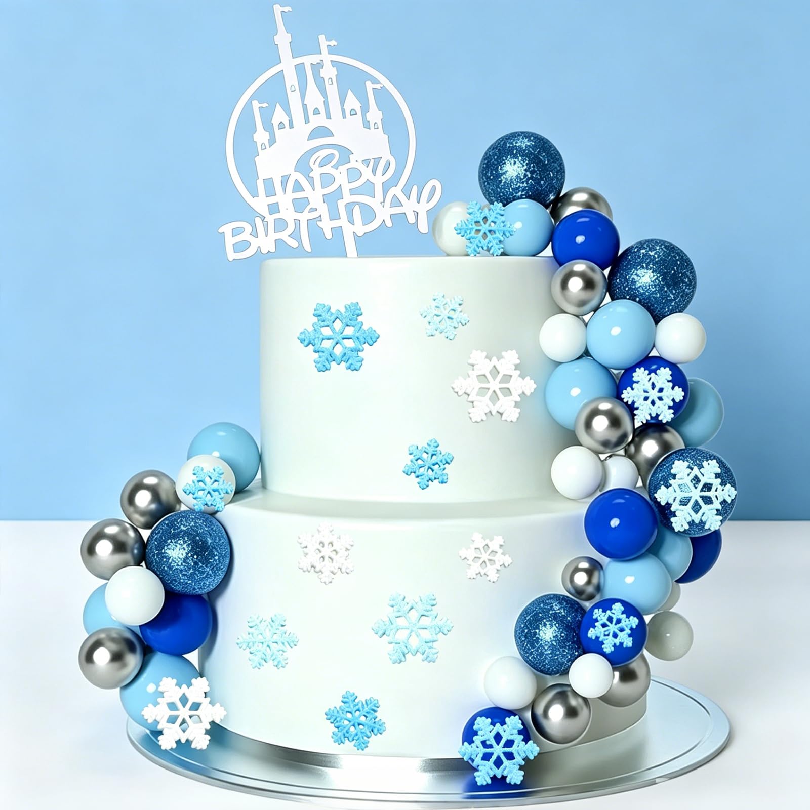30 Silver White Light Blue Snowflake Ball Crown Cake Toppers for Birthday — image 1