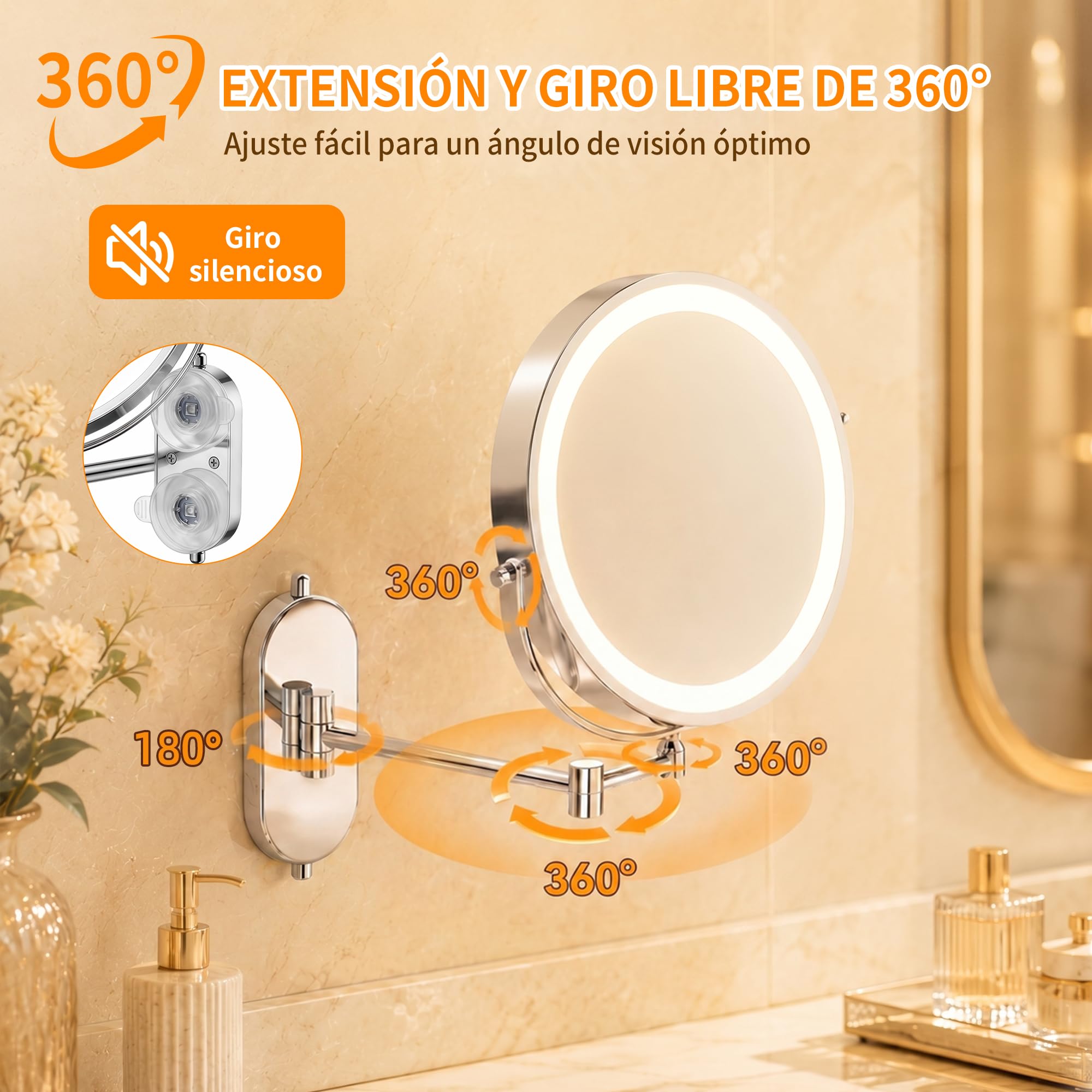 8 Pulgad Espejo Maquillaje con Luz 30X/1X – 4000mAh Espejo Aumento Baño – Aumento Recargable Doble Cara – Espejo Grande Baño Pared Brazo Extensible USB - 3 Colores Brillo Regulable para Hotel, SPA