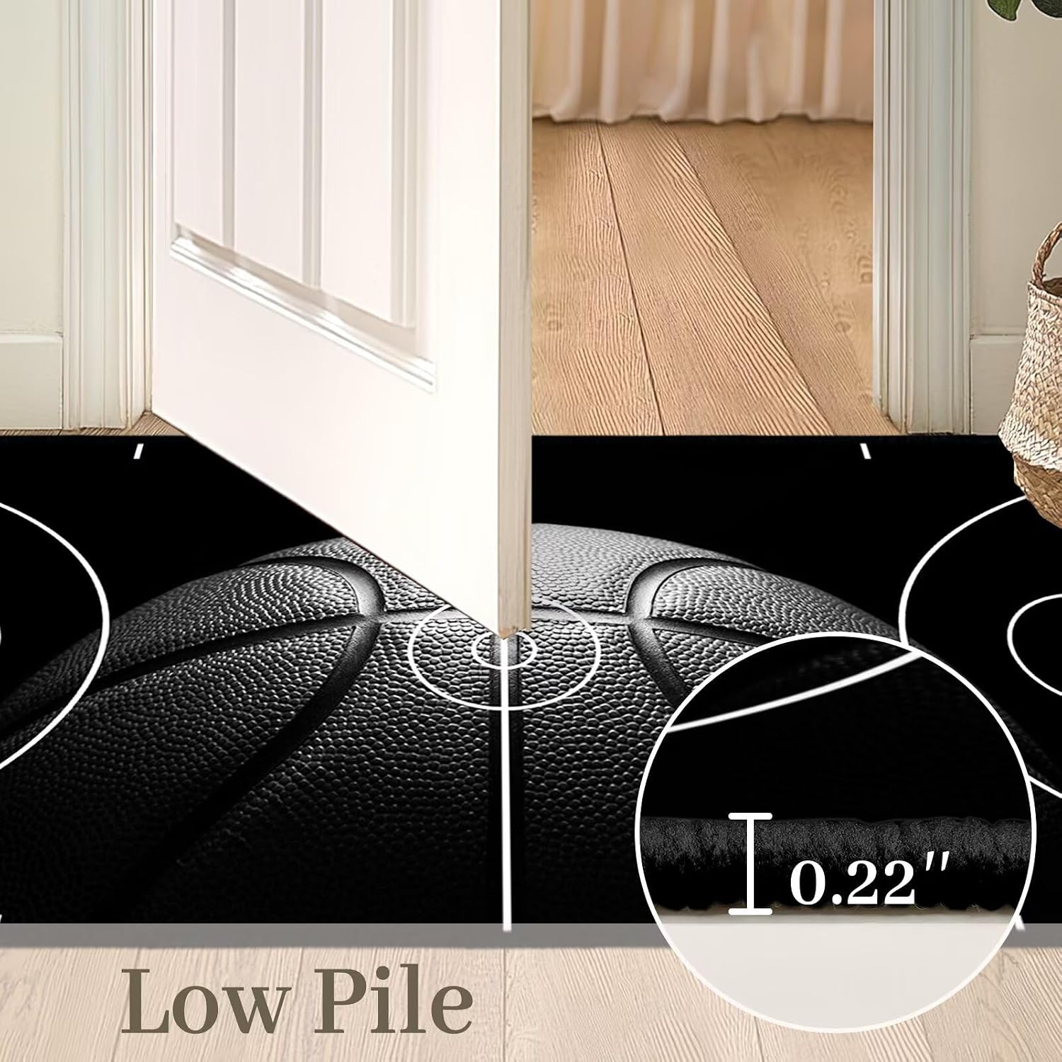 Basketball Rug 2x6 Throw Rug Sports Kitchen Runners Ultra-Thin Low Pile Carpet Washable Hallway Rugs Basketball Court Rugs Black Non-Slip Floor Carpets for Bedroom Bathroom Living Room Kitchen
