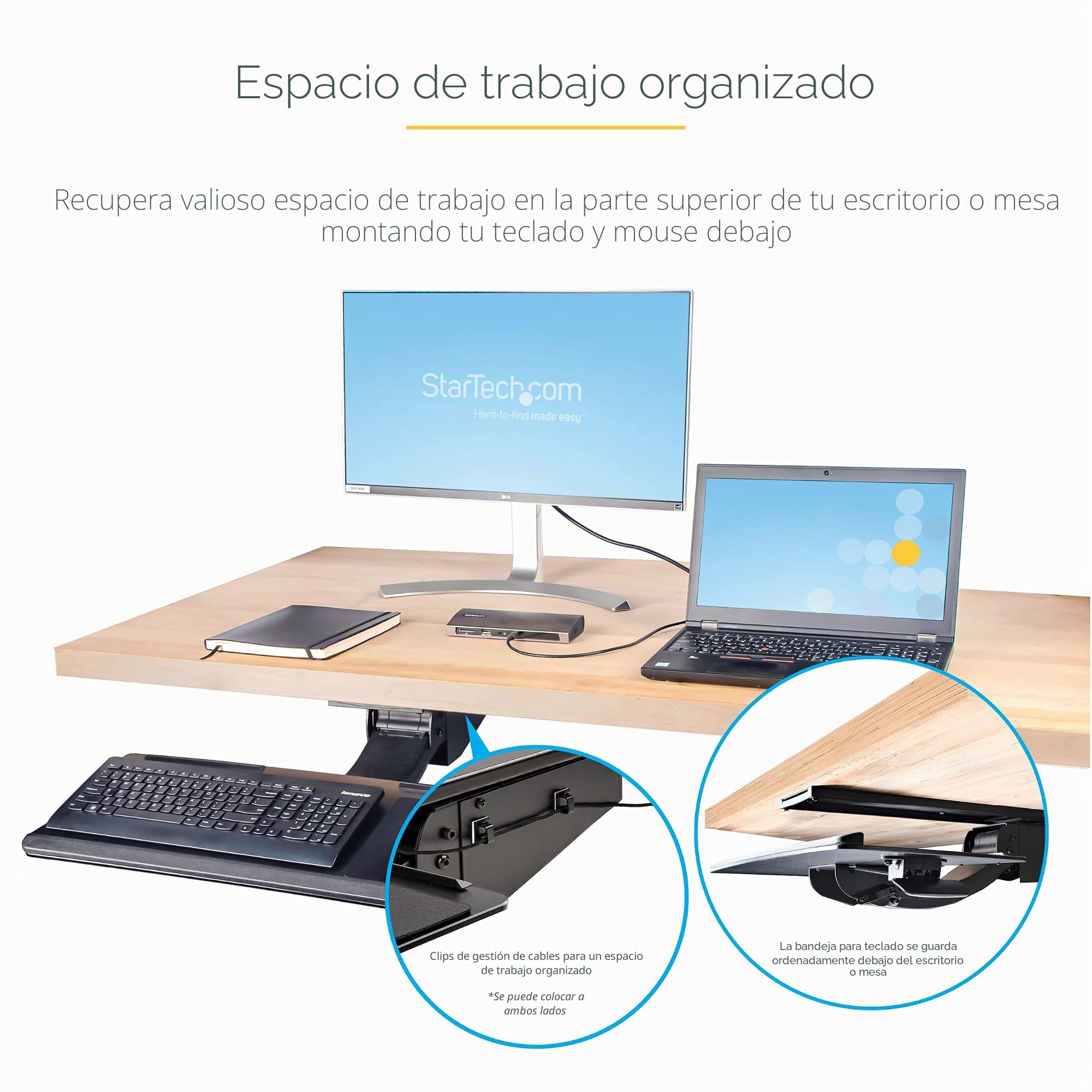 StarTech.com Bandeja para Teclado y Ratón para Debajo del Escritorio, 30cm x 78cm, Altura Ajustable, Soporte Ergonómico para Teclado y Mouse, Soporte para las Muñecas, Giro e Inclinación (KBTRAYADJ2) | Bandeja de teclado y mouse ajustable en altura y movi