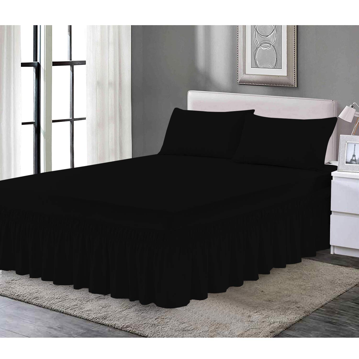 B&B Bedding Valence Sheet Collection - Soft Brushed Polycotton, Easy Wrap Elastic, Extra Deep Frilled with a Drop of 40cm (Black, Small Double) — image 1