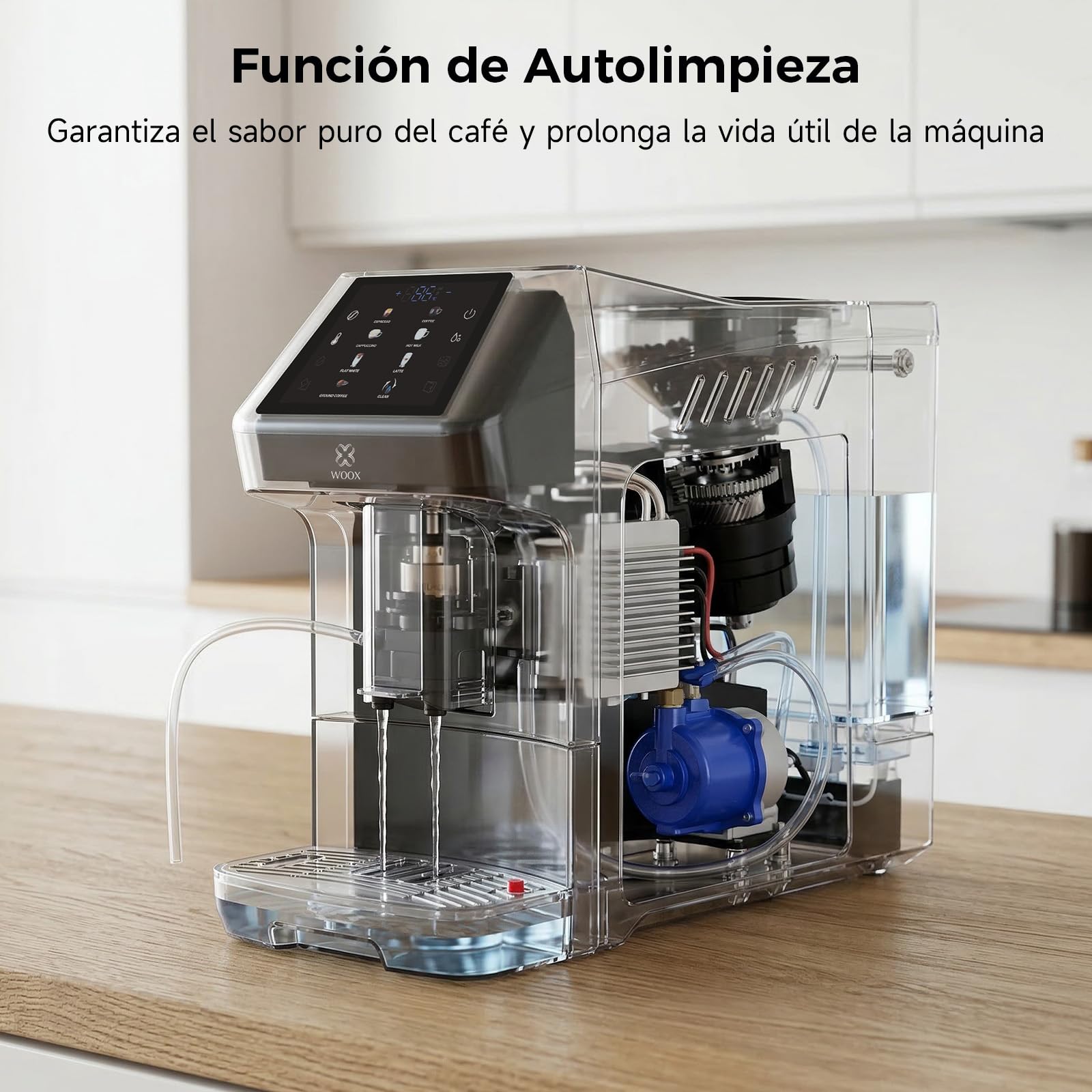 Woox Cafetera Superautomática de 20 Bares – Máquina de Café con Molinillo y Espumador de Leche, Tanque 1,5L, One-Touch, Autolimpieza, Cafetera Profesional para Hogar y Oficina