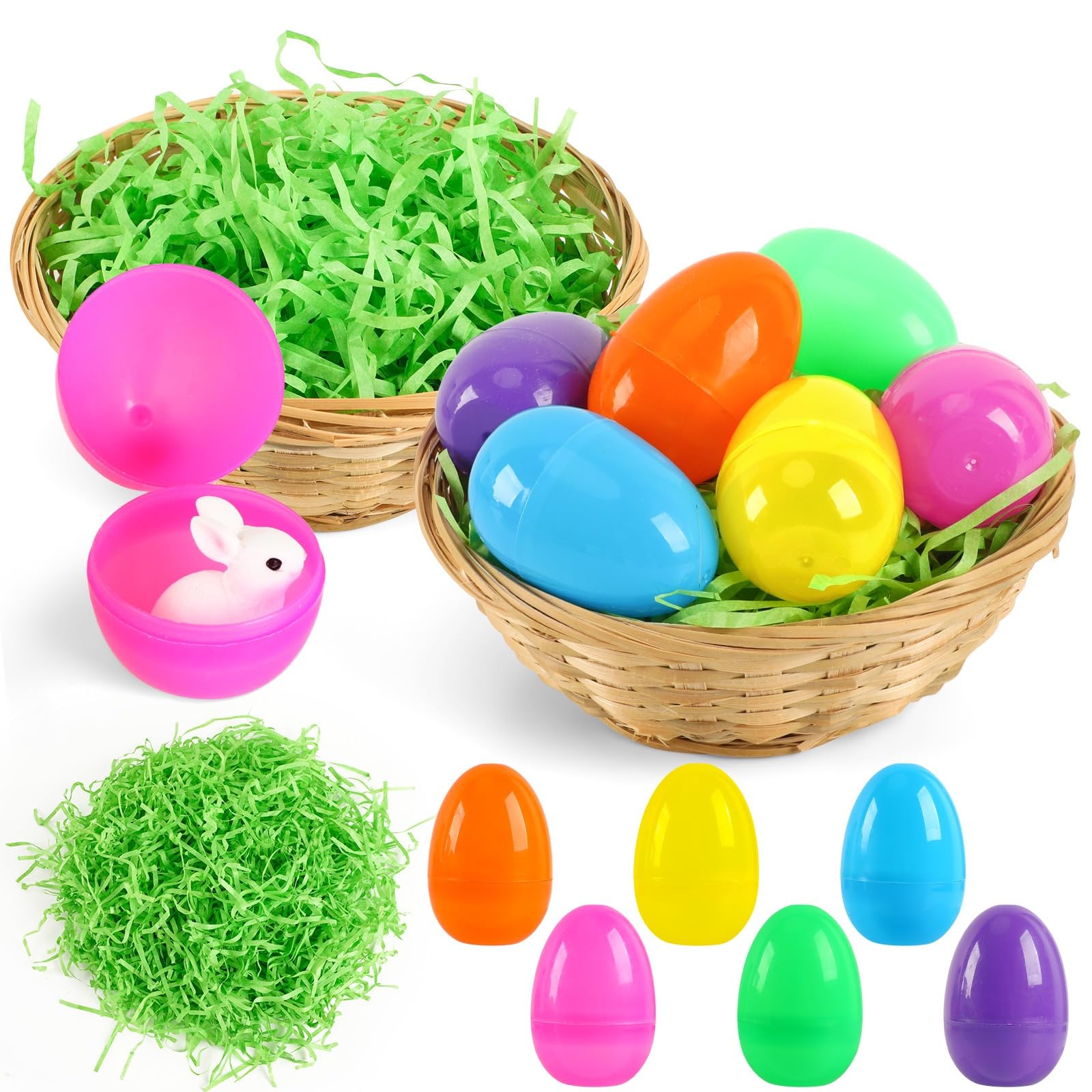 MARFOREVER Osterkorb zum Befüllen mit 2 Körben, 100g Grünem Raffia 6 Ostereiern, Komplettset für Osterdeko und Geschenke