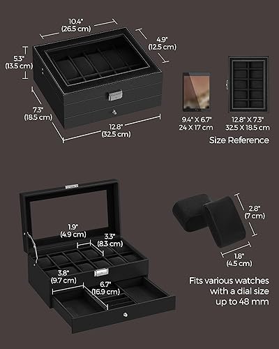Vista 76 de SONGMICS Caja de reloj, organizador de 20 ranuras para reloj con tapa de vidrio grande, almohadas extraíbles, cerradura de metal, regalo para seres