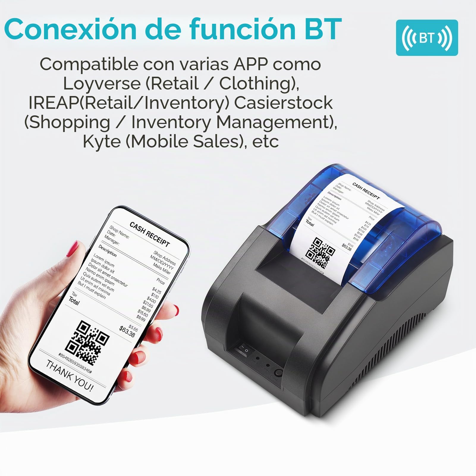 Impresora de escritorio 58 mm USB + BT, 203 DPI, impresión directa térmica, compatible con Windows/Linux/Mac/Android/iOS, soporte de alta velocidad, comando ESC/POS