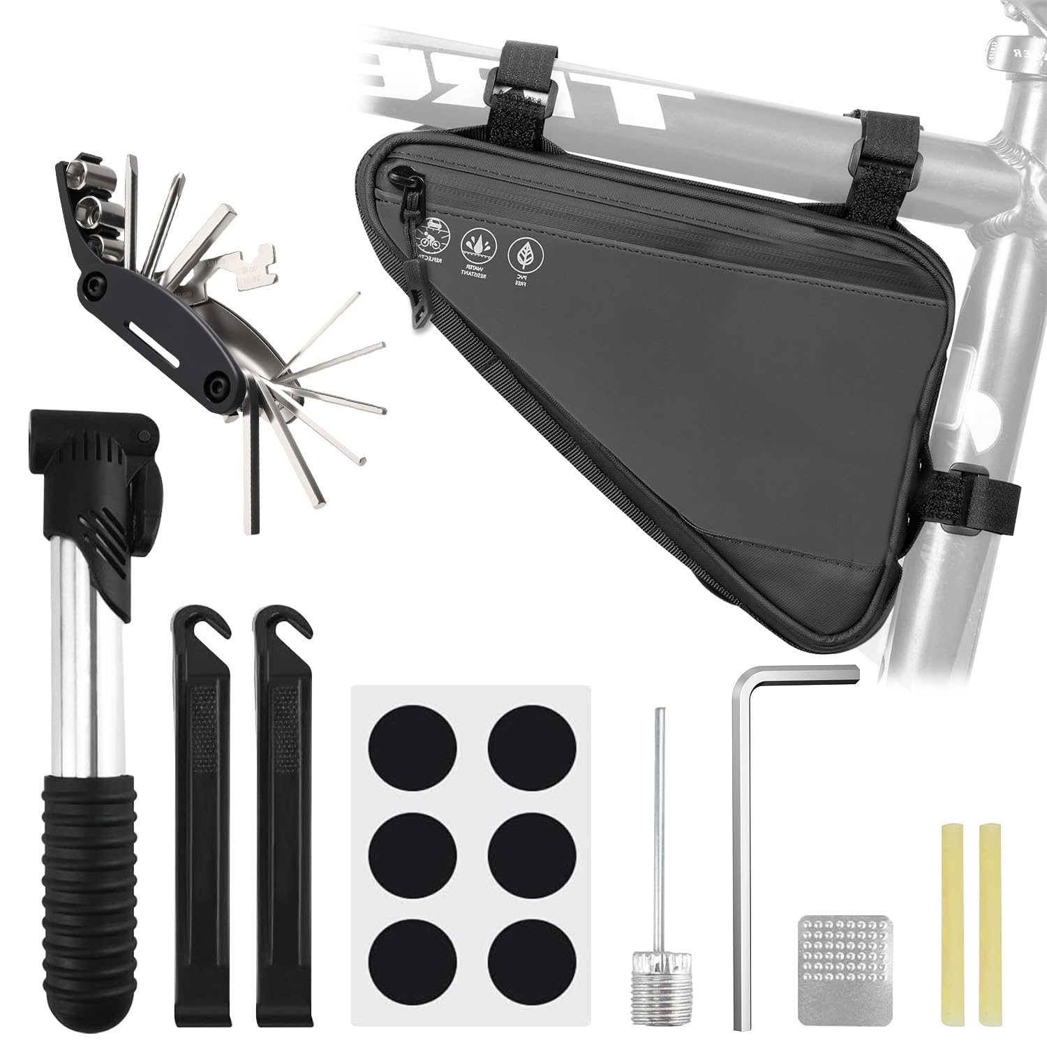 2L Bike Frame Storage Bag with Water Resistant Reflective ,Bike Tire Repair Tool Kit,Mini Bike Pump,16 in 1 Multitool &amp; Bicycle Tyre Lever Patch Repair Tool Accessories Set for Mountain Road Bike, MTB